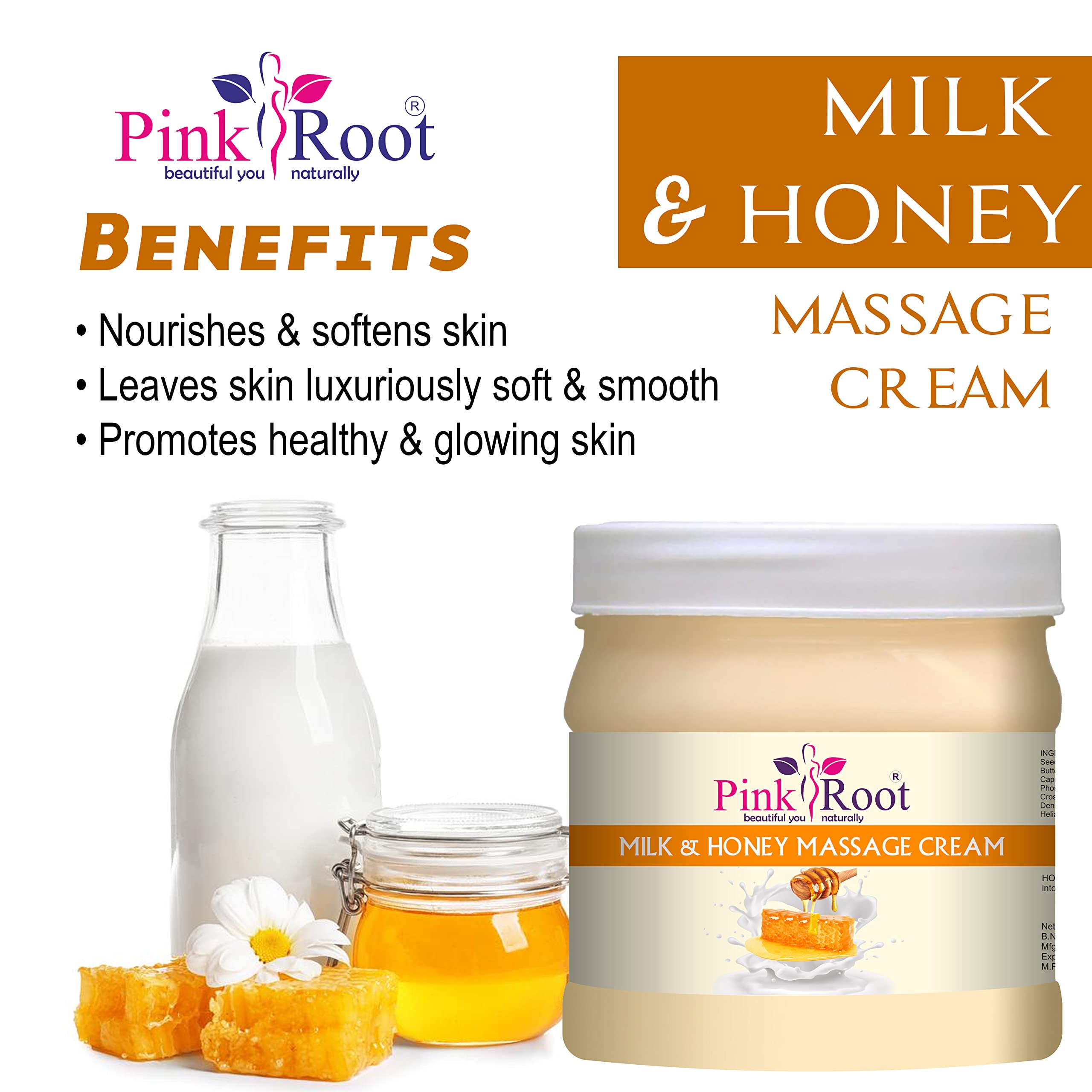 Pink Root Milk & Honey Massage Cream 500ml - Hydrating & Nourishing Body Lotion for Dry Skin - Perfect for Spa, Massage & Relaxation at Home