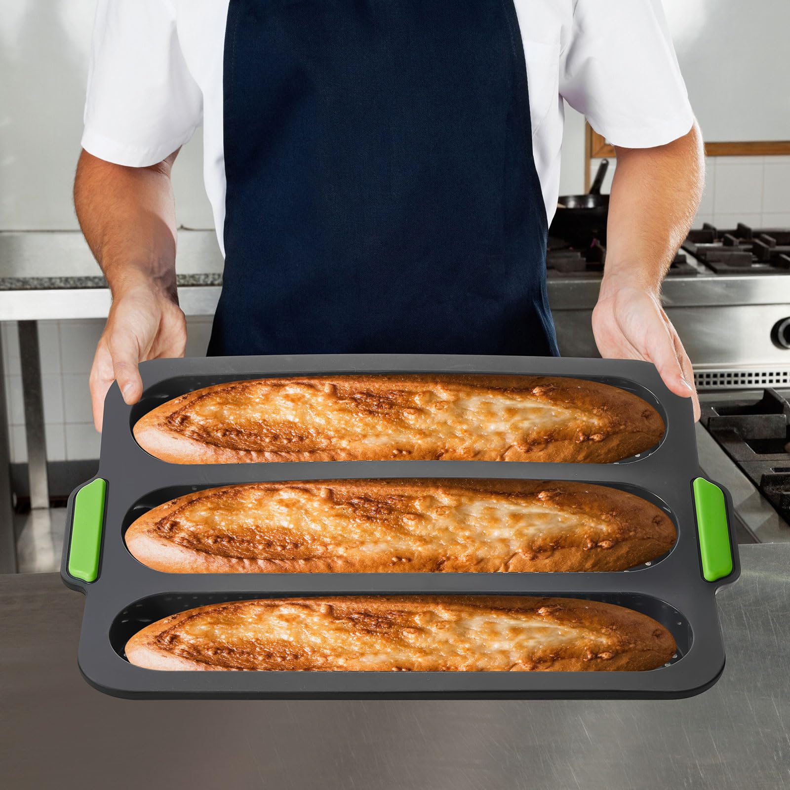 4-Piece Silicone Baguette Pan Set - Nonstick Perforated Bread Mold with 8 Gutters & 3-Wave Design for Perfect French Bread | Oven-Safe Baking Tray for Homemade Loaves, Toast & Artisan Bakers | Ideal for Home Kitchens, Bakeries & Cooking Enthusiasts