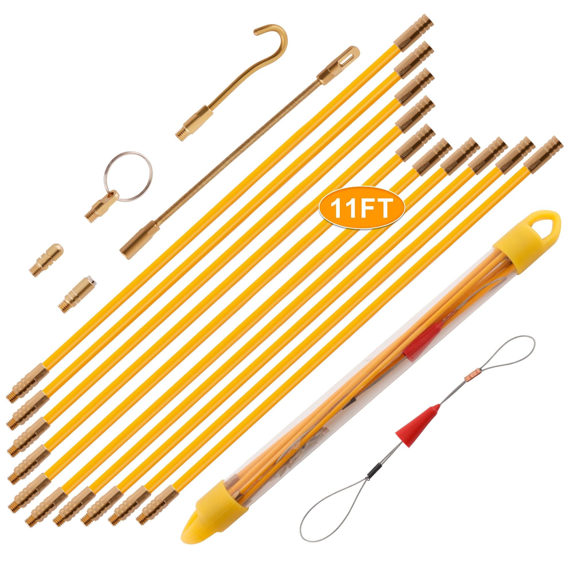 KOOTANS 11FT Fiberglass Fish Tape Kit - Electrical Wire Pulling Tool with Multiple Attachments for Running Cables Through Walls, Conduits & Tight Spaces - Ideal for Electricians, DIY Home Wiring & Cable Installation Projects