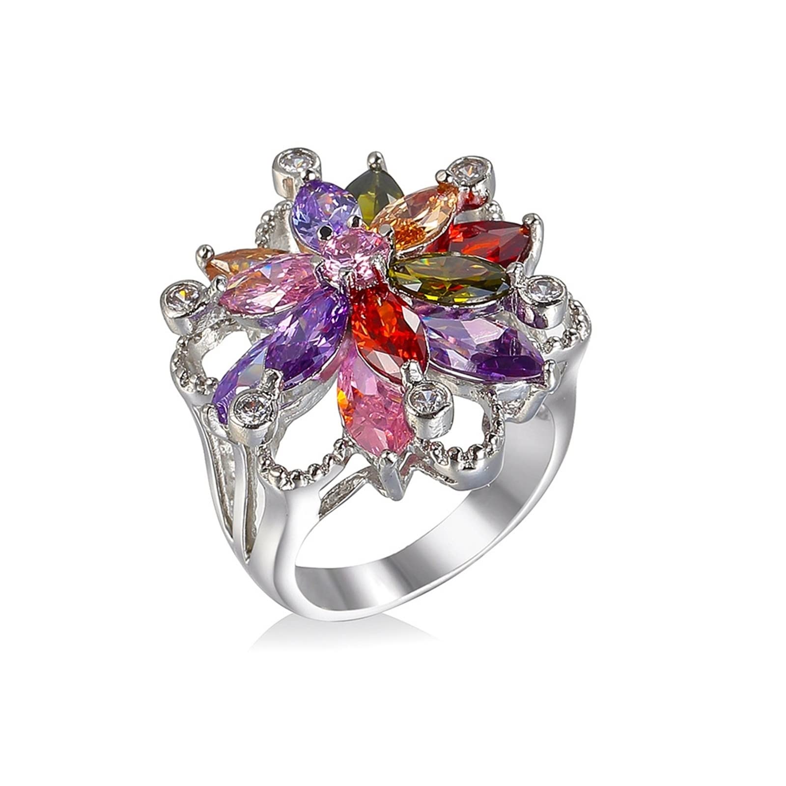 Vintage Wedding Rings for Women - Colorful Cubic Zirconia Silver Plated Flower Design Promise Rings | Valentine's Day Gift, Anniversary Jewelry, Bridal Accessories
