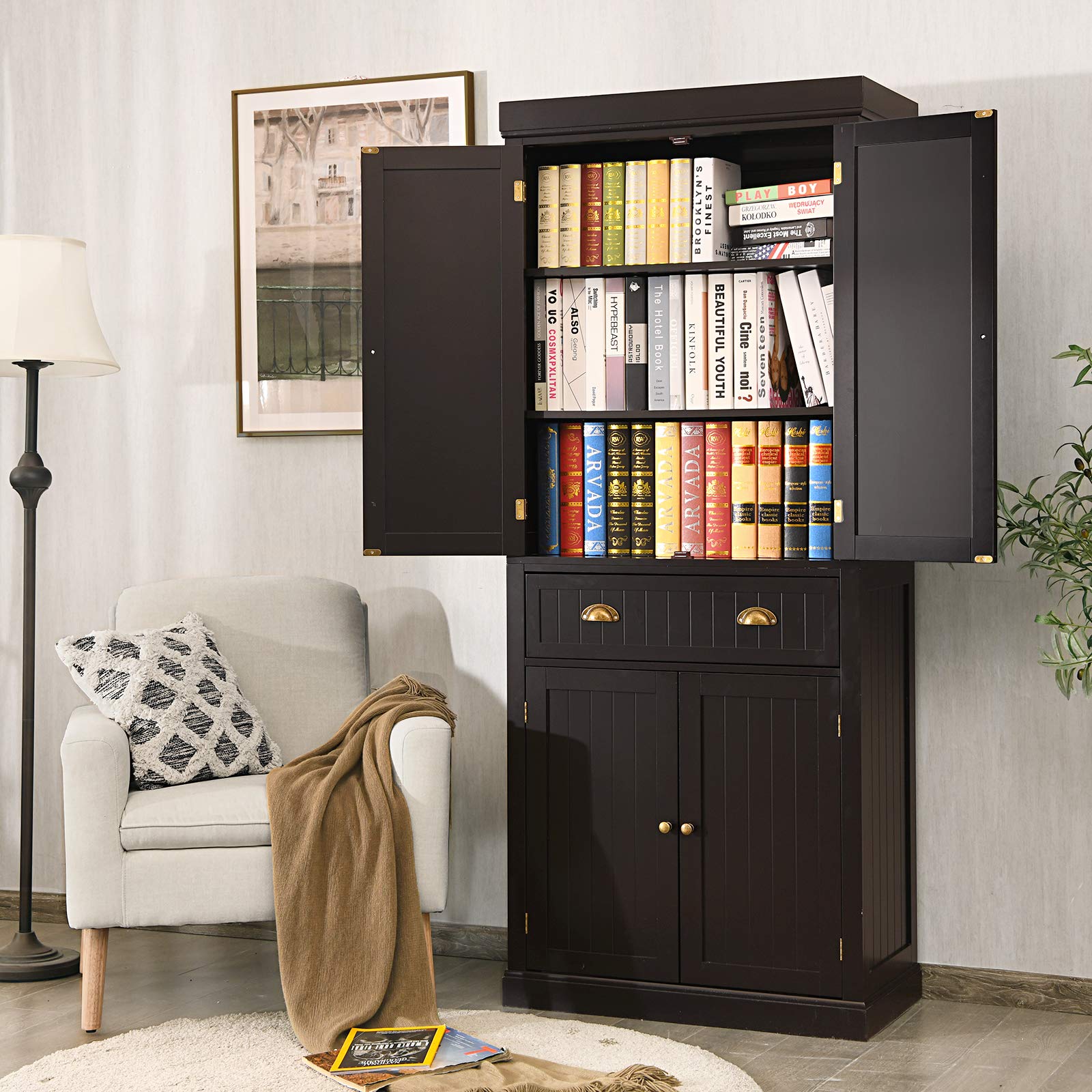MAT EXPERT 4-Door Wooden Storage Cabinet with Drawers & Adjustable Shelves - Freestanding Pantry Organizer for Kitchen, Living Room, Bedroom (Espresso) - Perfect for Storing Food, Dishes & Home Essentials