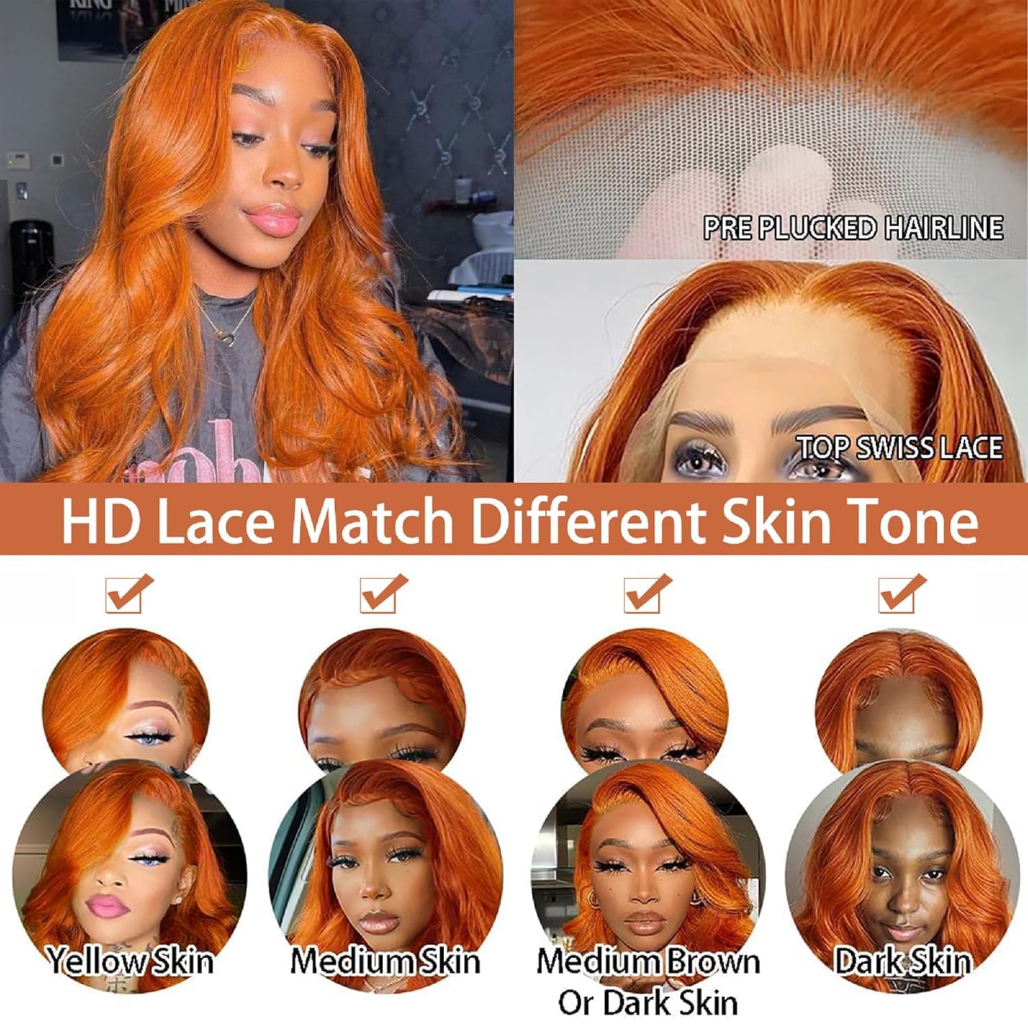 13x4 Ginger Lace Front Wig Human Hair - 28 Inch Pre Plucked Orange Body Wave HD Lace Frontal Wig for Women - 180% Density Glueless Human Hair Wig - Perfect for Cosplay, Daily Wear & Special Occasions