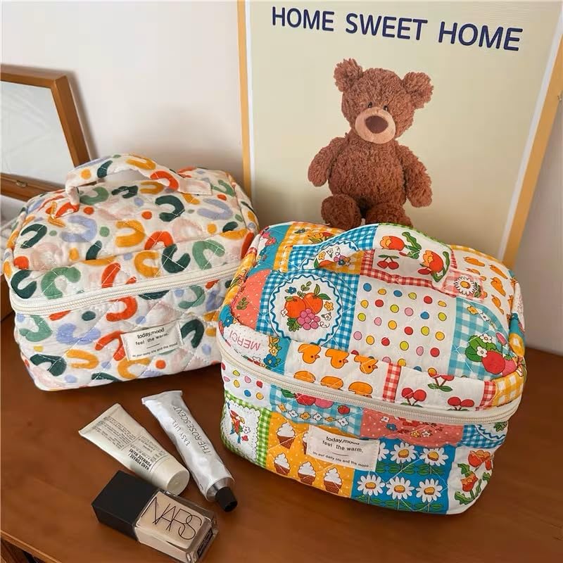 Large Cotton Makeup Bag for Women - Quilted Travel Cosmetic Pouch with Floral Design, Cute Coquette Aesthetic Toiletry Organizer | Perfect for Travel, Gym, and Daily Beauty Essentials Storage (Cute Flower Pattern)