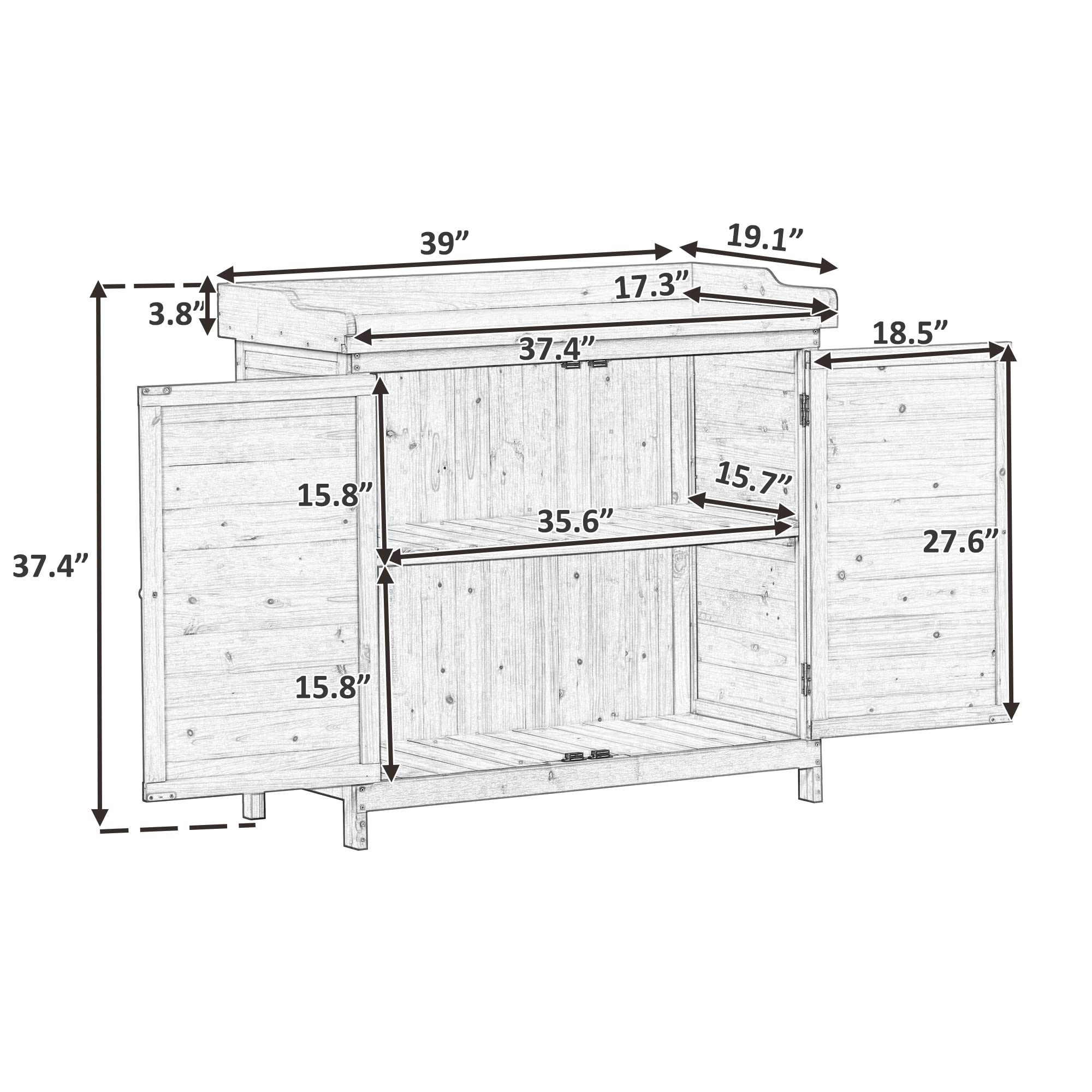 Outdoor Potting Bench with Storage - Weatherproof Garden Work Table with Double Doors, 2-Tier Shelves & Side Hooks - Perfect for Patio, Backyard, Porch Gardening & DIY Projects (Grey)