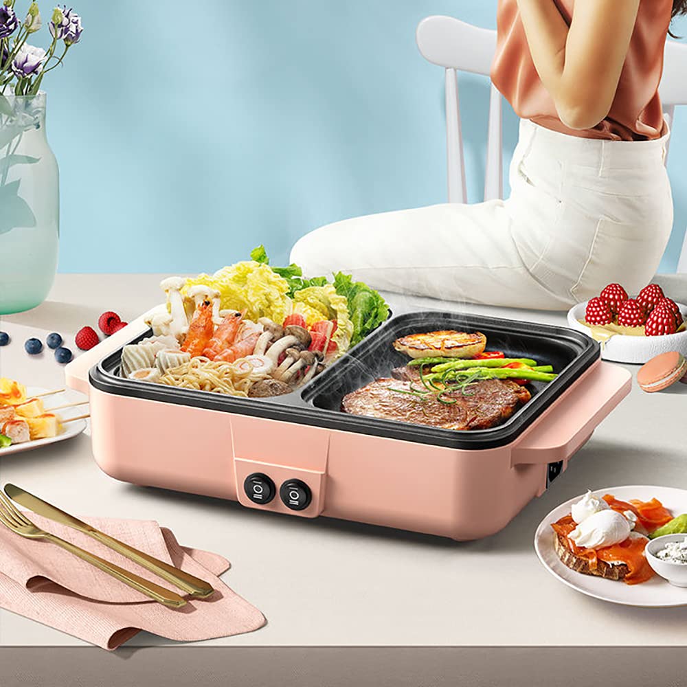 2-in-1 Electric Grill and Hot Pot - Smokeless Indoor Griddle with Adjustable Temperature, 1200W Portable Non-Stick Teppanyaki Pan - Perfect for Family BBQ, Hot Pot Parties, Camping & Home Cooking (Pink)