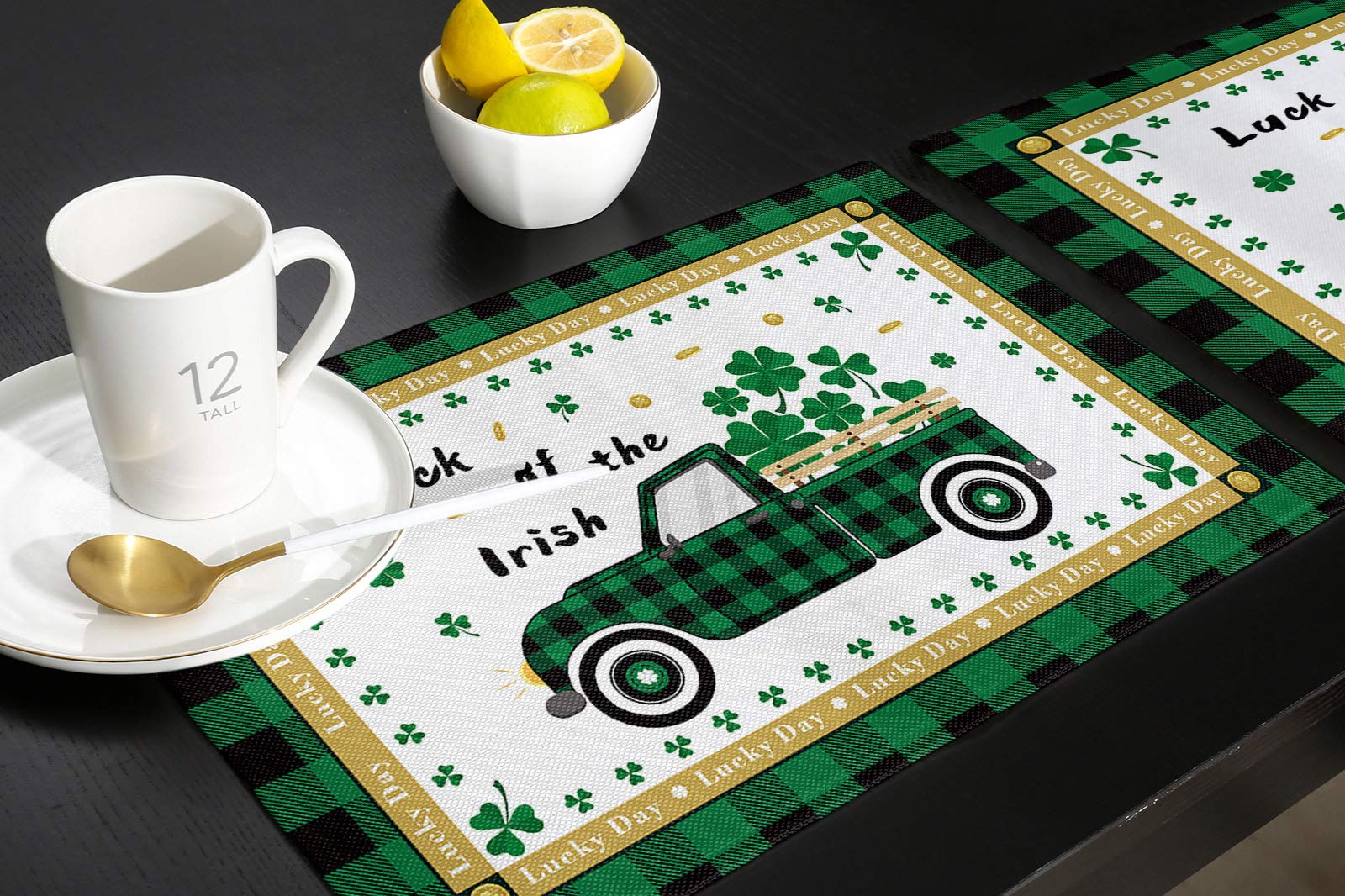 Stylish Green Plaid Truck with Lucky Clovers St. Patrick's Day Placemats - Set of 4, Thermal Insulated & Non-Slip Washable Dining Table Mats for Kitchen Decor, Perfect for Holiday Parties & Everyday Use