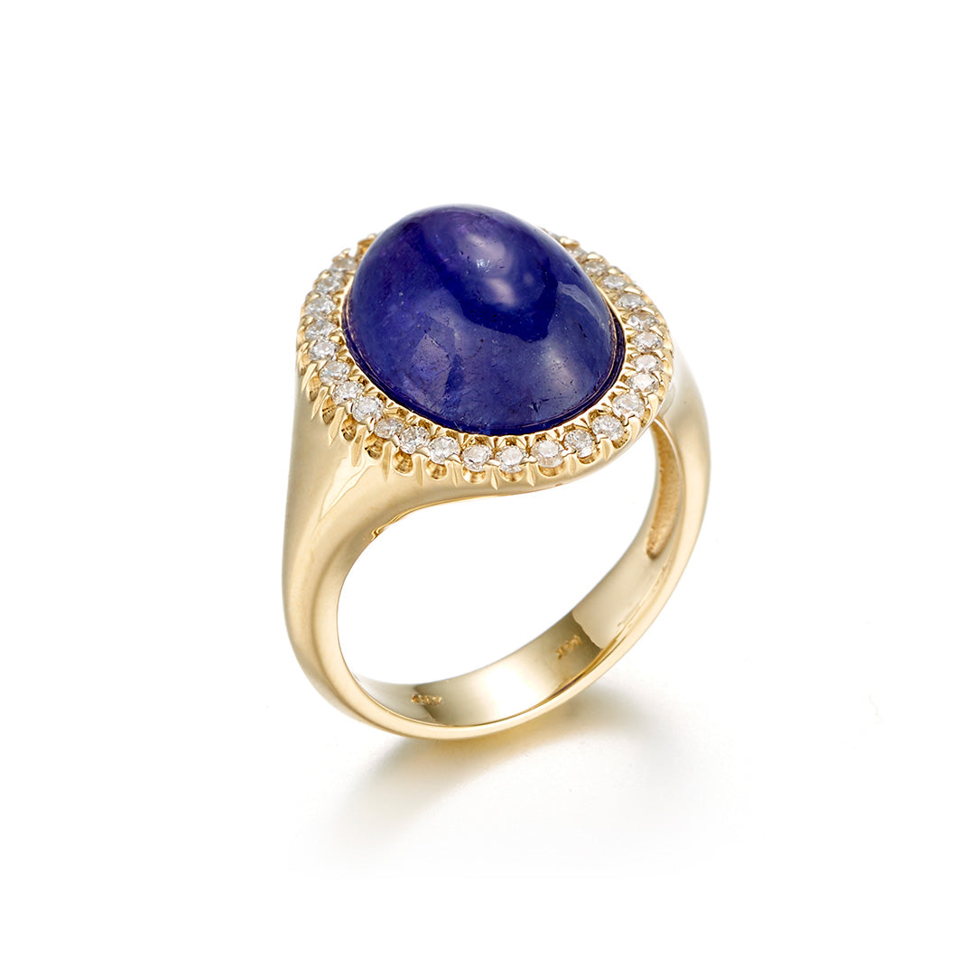 Exquisite Tanzanite Cabochon & Diamond Ring for Women – Elegant Handmade Jewelry Gift for Anniversary, Engagement & Special Occasions
