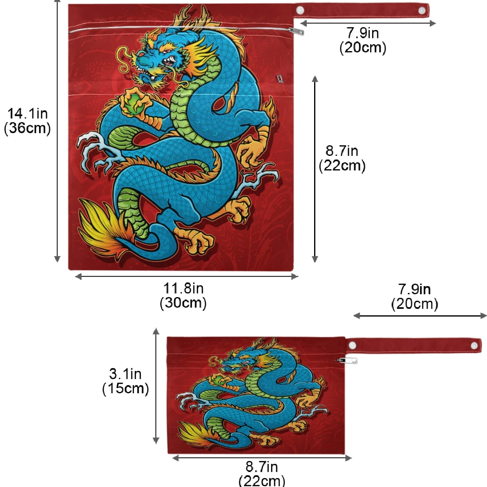 Visesunny Blue Dragon 2Pcs Wet Bags with Zippered Pockets - Washable & Reusable Waterproof Storage for Travel, Beach, Pool, Daycare, Stroller, Diapers, Gym Clothes & Swimsuits - Perfect for Wet Items, Toiletries & Baby Essentials