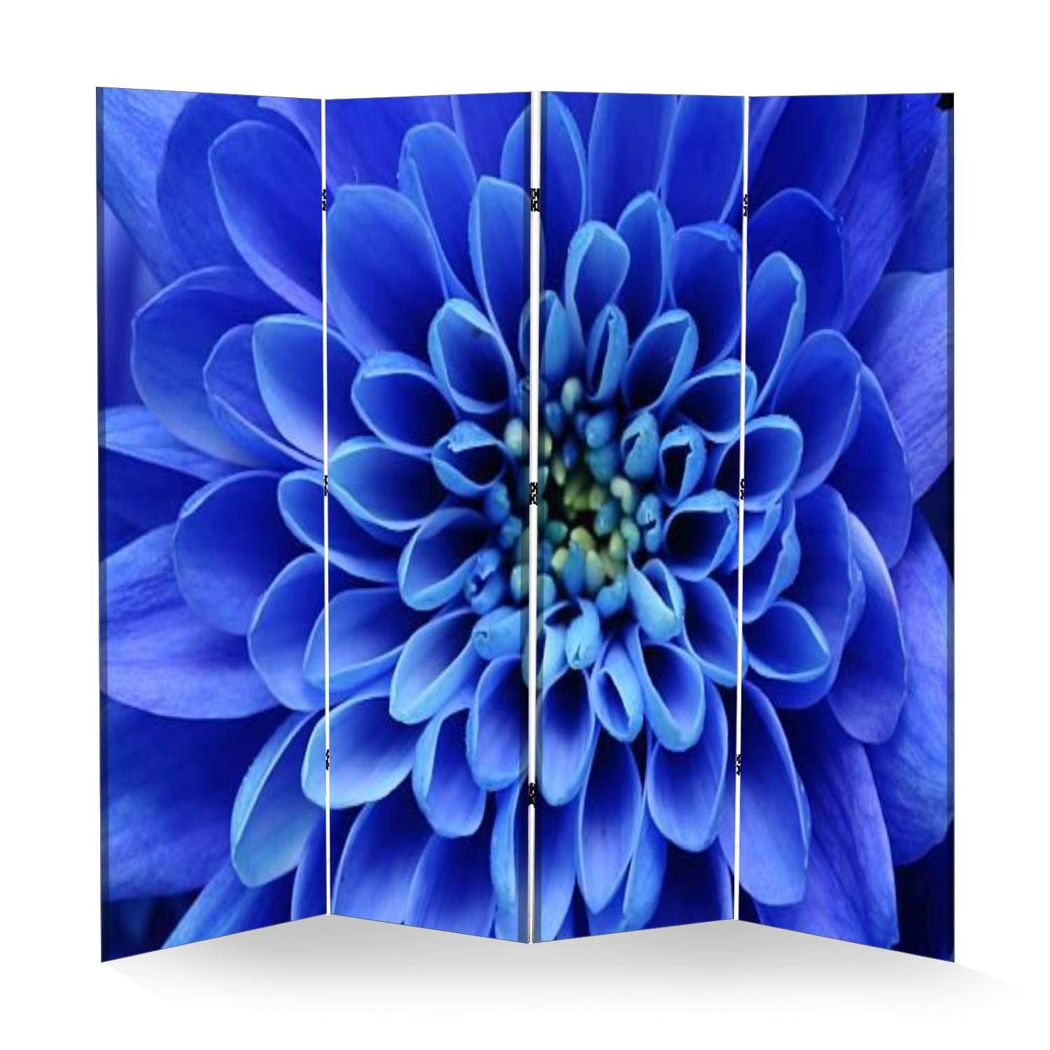 Blue Flower Wood Screen Room Divider - 4 Panel Folding Privacy Partition with Dual-Sided Canvas for Indoor Spaces | Perfect for Home Office, Bedroom Separation & Decorative Display