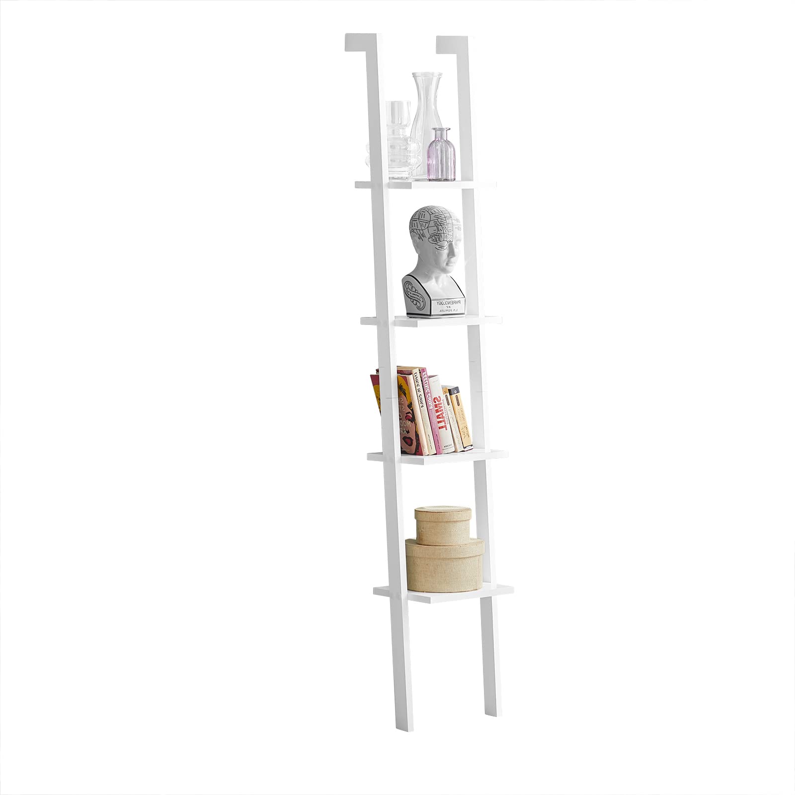 4-Tier Wooden Ladder Shelf - Space Saving Storage Organizer for Bathroom, Living Room & Study | Wall-Leaning Bookshelf & Display Rack | White FRG15-W | Perfect for Small Spaces, Home Decor & Book Storage
