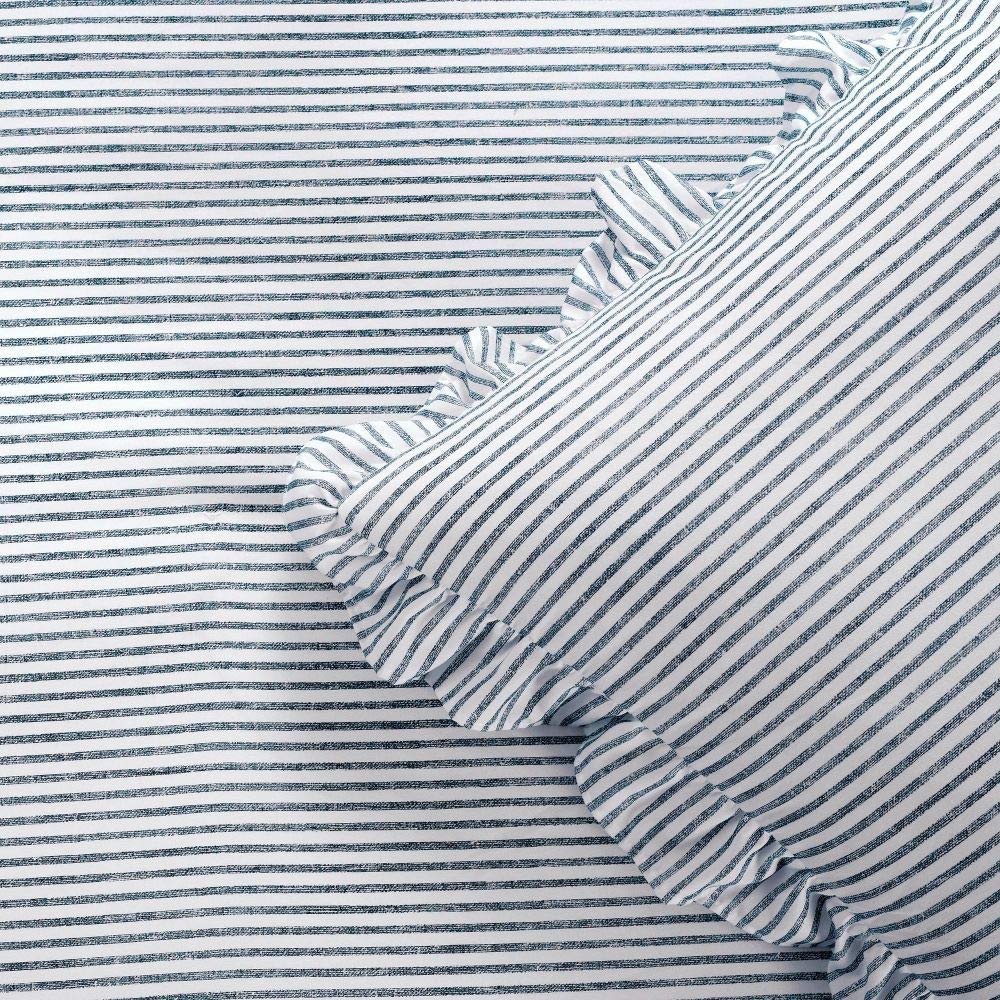 3 Piece French Country Navy Blue Ticking Stripe Ruffled Bedspread Set - Full Size Pinstripe Printed Shabby Chic Farmhouse Bedding with All-Season Ruffled Edges | Classic Stylish Design for Guest Rooms, Master Bedrooms & Cozy Farmhouse Decor