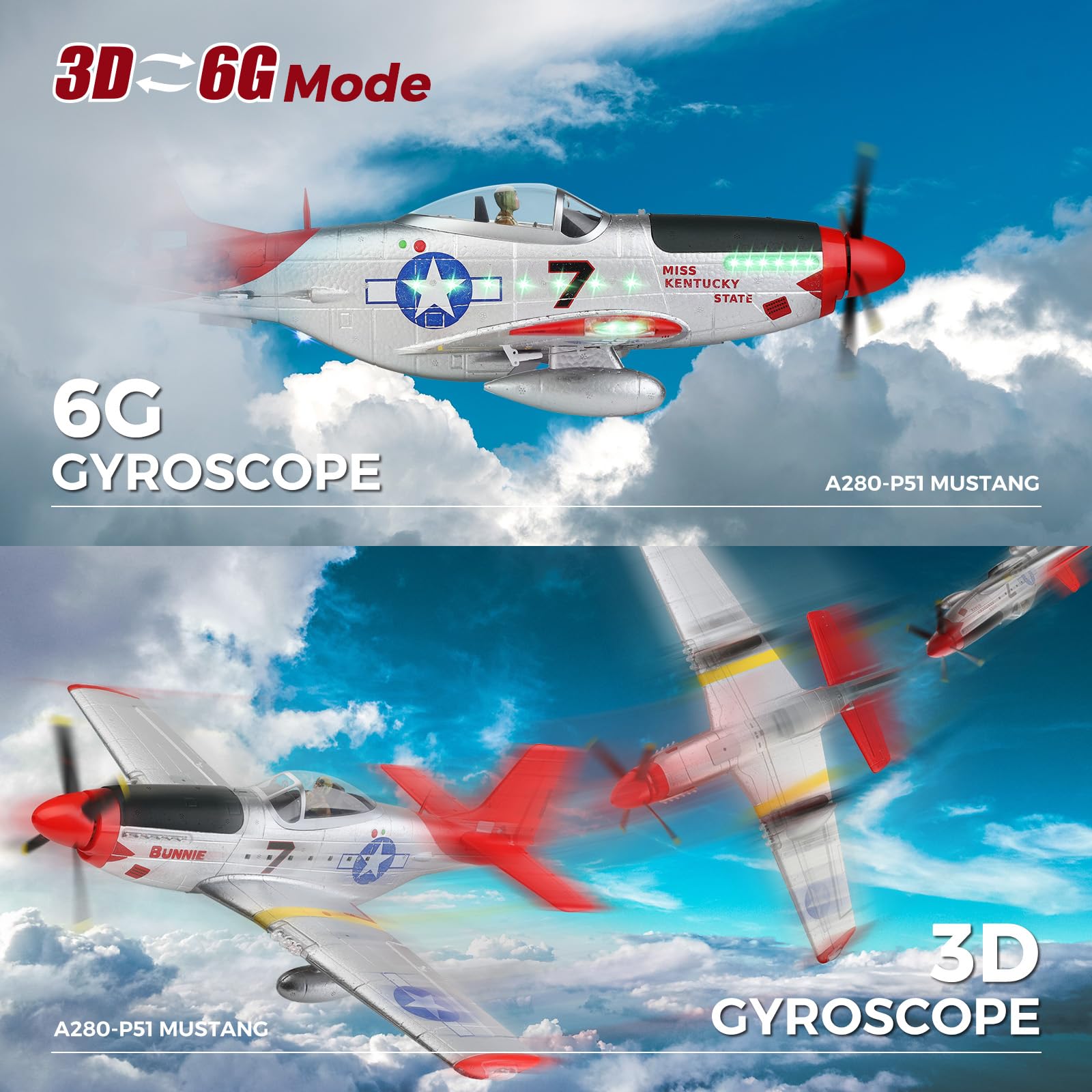 WLtoys XK A280 P51 Mustang 4 Channel RC Airplane with LED Lights - 2.4G Brushless Remote Control Plane for Adults (6G/3D Mode) - Perfect for Hobby Flying, Outdoor Sports & RC Plane Gifts
