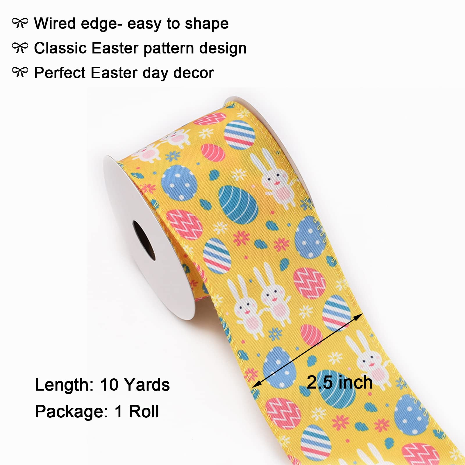Easter Ribbon for Gift Wrapping, DIY Crafts, Spring Decorations - Bunny & Eggs Printed Wired Edge Ribbon, 2.5 Inch x 10 Yards, Yellow - Perfect for Easter Baskets, Party Decor, and Handmade Greeting Cards