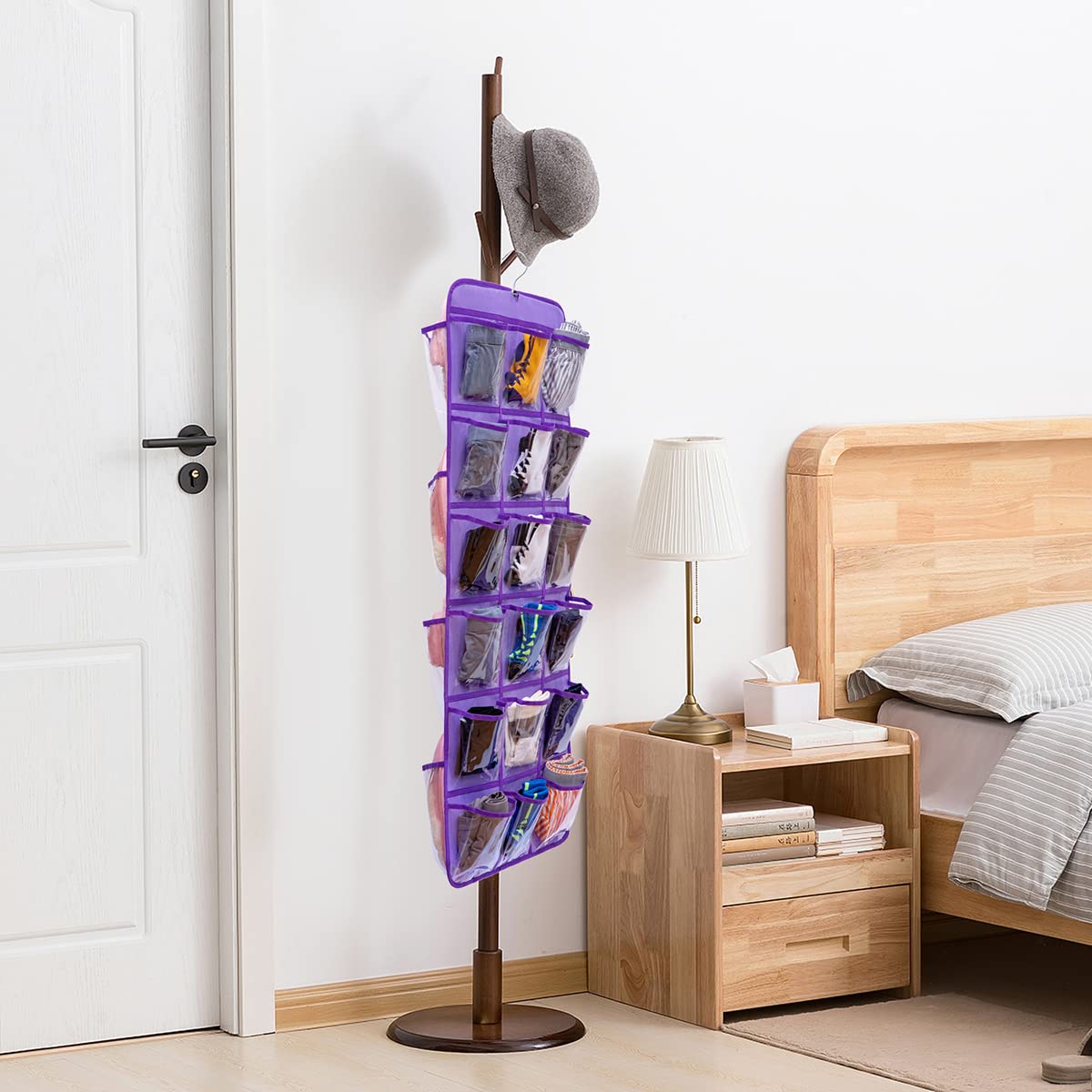 Dual-Sided Hanging Closet Organizer with 26 Pockets - Perfect for Socks, Underwear, Bras, Baby Clothes & Toddler Shoes (Purple-Clear Pockets) | Space-Saving Storage Solution for Kids' Rooms & Nursery Organization