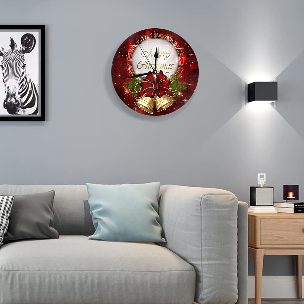 WONDERTIFY 10 Inch Silent Non-Ticking Christmas Wall Clock with Bells, Bow & Snowflakes - Battery Operated Round Decorative Clock in Red, Gold & Green - Perfect for Holiday Home Decor, Living Room, Bedroom & Christmas Gift