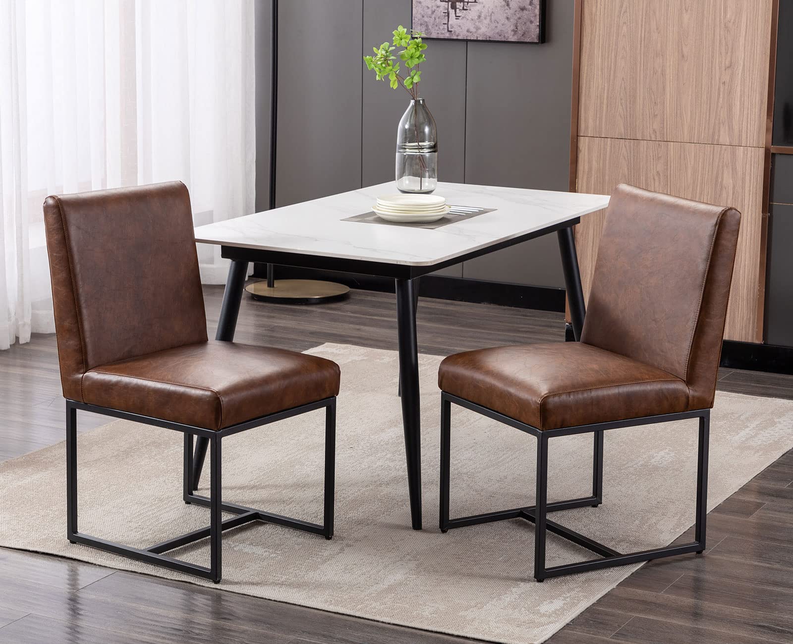 Shunzhi Modern Dining Chairs Set of 2 - Black Metal Frame PU Leather Upholstered Mid Century Armless Padded Chairs for Dining Room, Living Room, Bedroom - Comfortable Seating for Home, Office & Restaurant Use