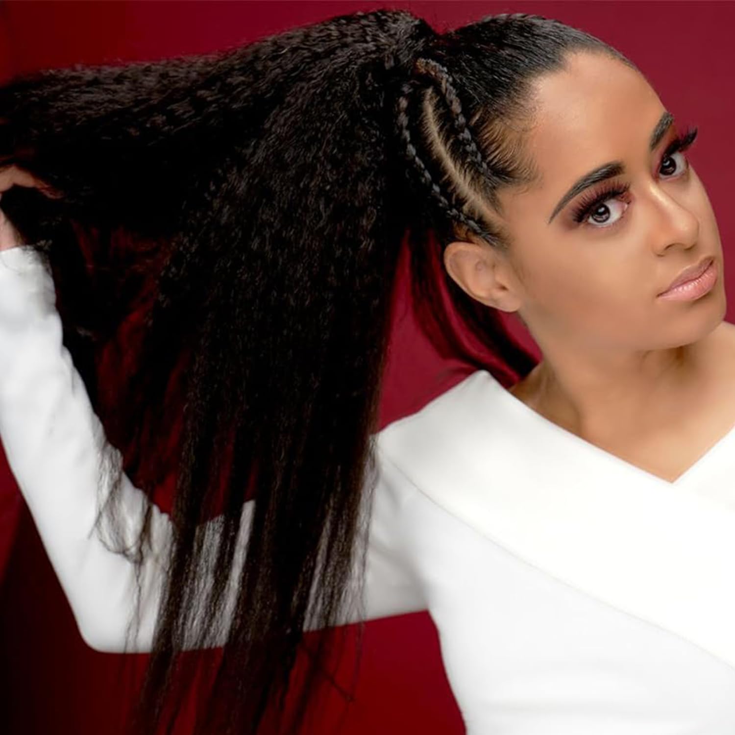 22 Inch Long Wrap Around Kinky Straight Human Hair Ponytail - 100% Yaki Straight Human Hair Extension with Clips & Magic Paste Binding - Perfect for Women's Daily Wear, Parties, and Special Occasions