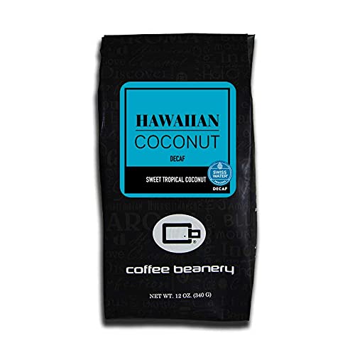 Hawaiian Coconut Flavored Decaf Coffee Beans - Swiss Water Process, Very Fine Grind, 12oz Bag - Perfect for Home Brewing & Gifting