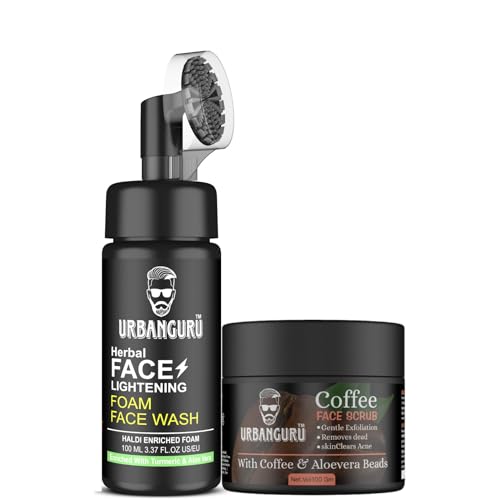 URBANGURU Men's Coffee Face Scrub & Turmeric Foam Face Wash Set - 100gm Exfoliating Scrub & 100ml Cleanser for Blackhead Removal, Dead Skin & Brightening | Perfect for Daily Skincare & Pre-Shave Prep
