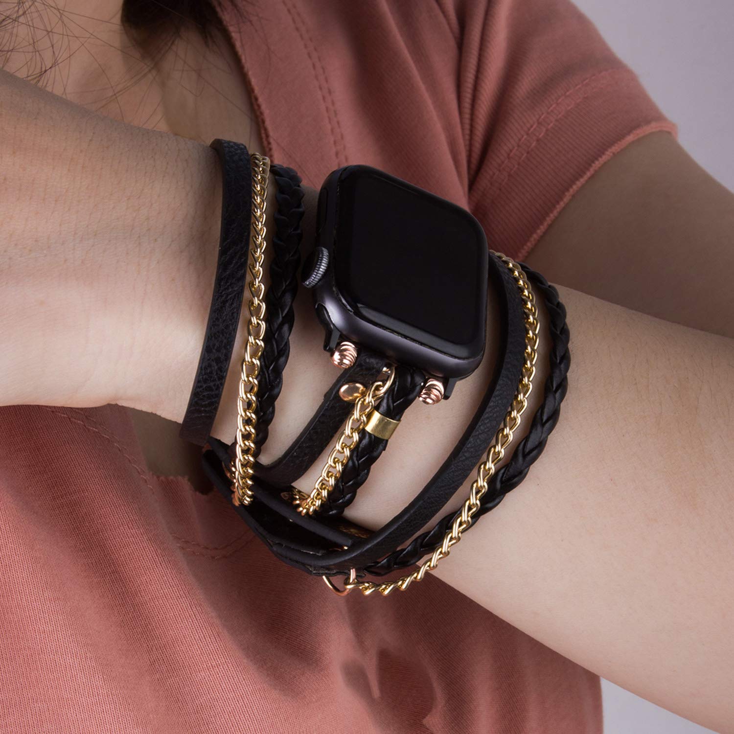Premium Leather Bracelet Bands Compatible with Apple Watch Ultra/Series 8/7/6/5/4/3/2/1/SE (38mm-49mm) - Western Boho Style Luxury Strap for Women & Girls - Perfect for Work, Dating & Casual Wear
