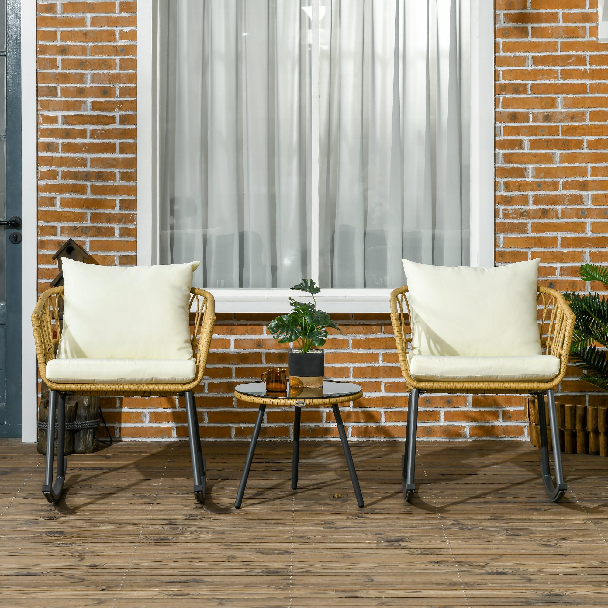 Outsunny 3-Piece Wicker Outdoor Rocking Chair Set with 2 Rockers, Glass Coffee Table & Cushions - Cream White Patio Conversation Furniture for Balcony, Backyard, Garden or Porch - Perfect for Relaxing, Entertaining & Enjoying Outdoor Living