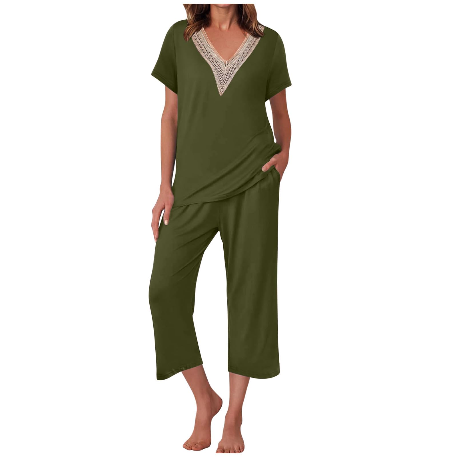 Women's Summer Casual Two Piece Set - Short Sleeve V-Neck Top & Comfy Capri Pants with Pockets | Lounge Wear, Outdoor Activities, Vacation Outfit