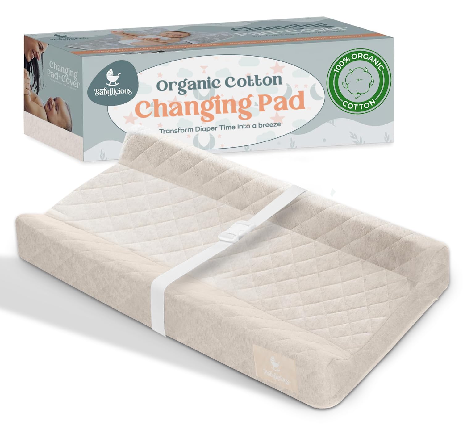 Organic Cotton Baby Changing Pad - Soft, Breathable & Waterproof Diaper Changing Mat with Non-Slip Backing | Removable Washable Cover | Standard Size for Nursery Dresser - Perfect for Home, Daycare & Travel Use