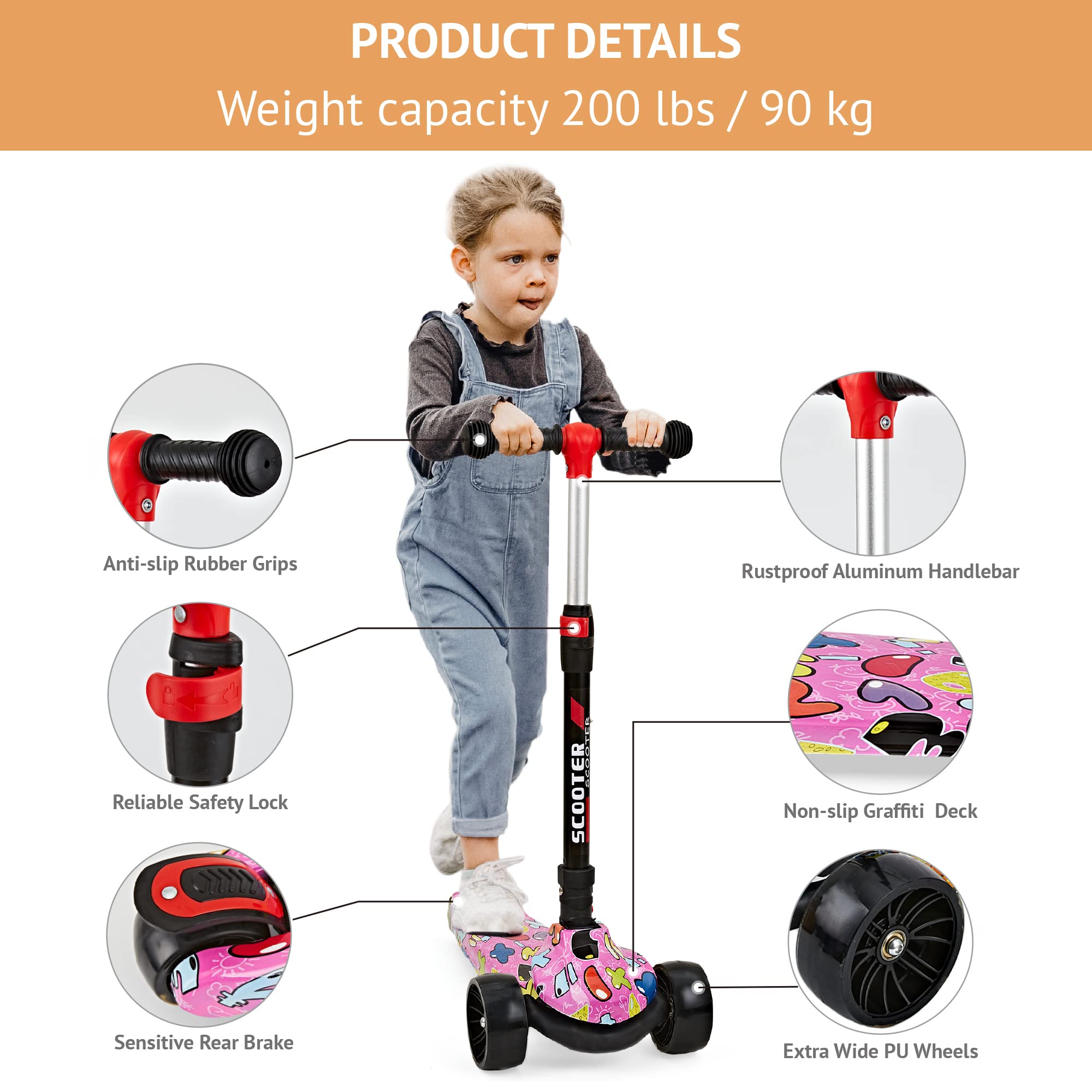 **Foldable & Height Adjustable Kids Scooter for Ages 3-12 – Graffiti Design, Non-Slip Deck, Extra Wide PU Light-Up Wheels (200 lbs Capacity) – Perfect for Commuting, Outdoor Play & Neighborhood Rides**