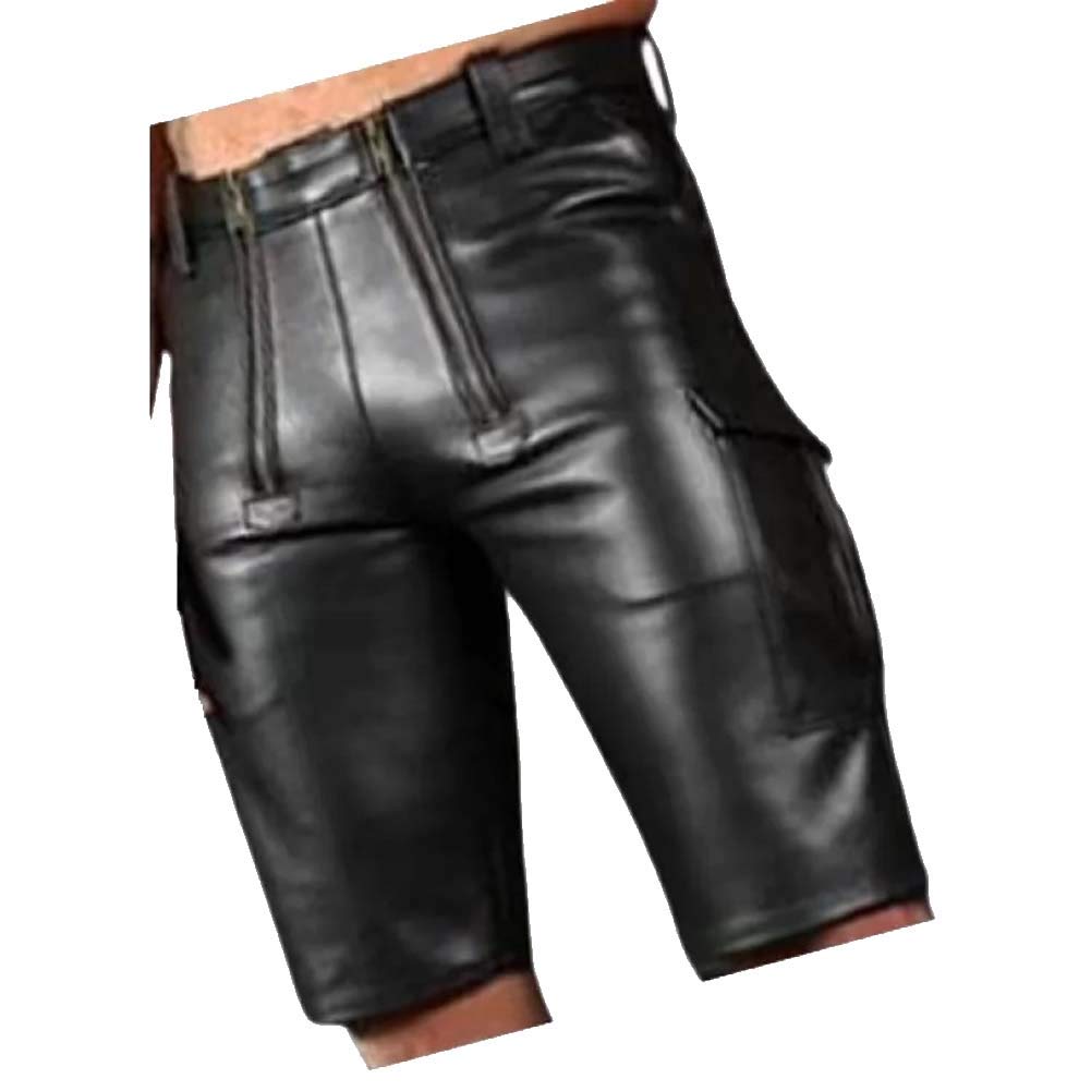 Genuine Cowhide Leather Cargo Shorts for Men - Double Front Zipper, Durable & Stylish - Perfect for Outdoor Adventures, Casual Wear & Motorcycle Riding