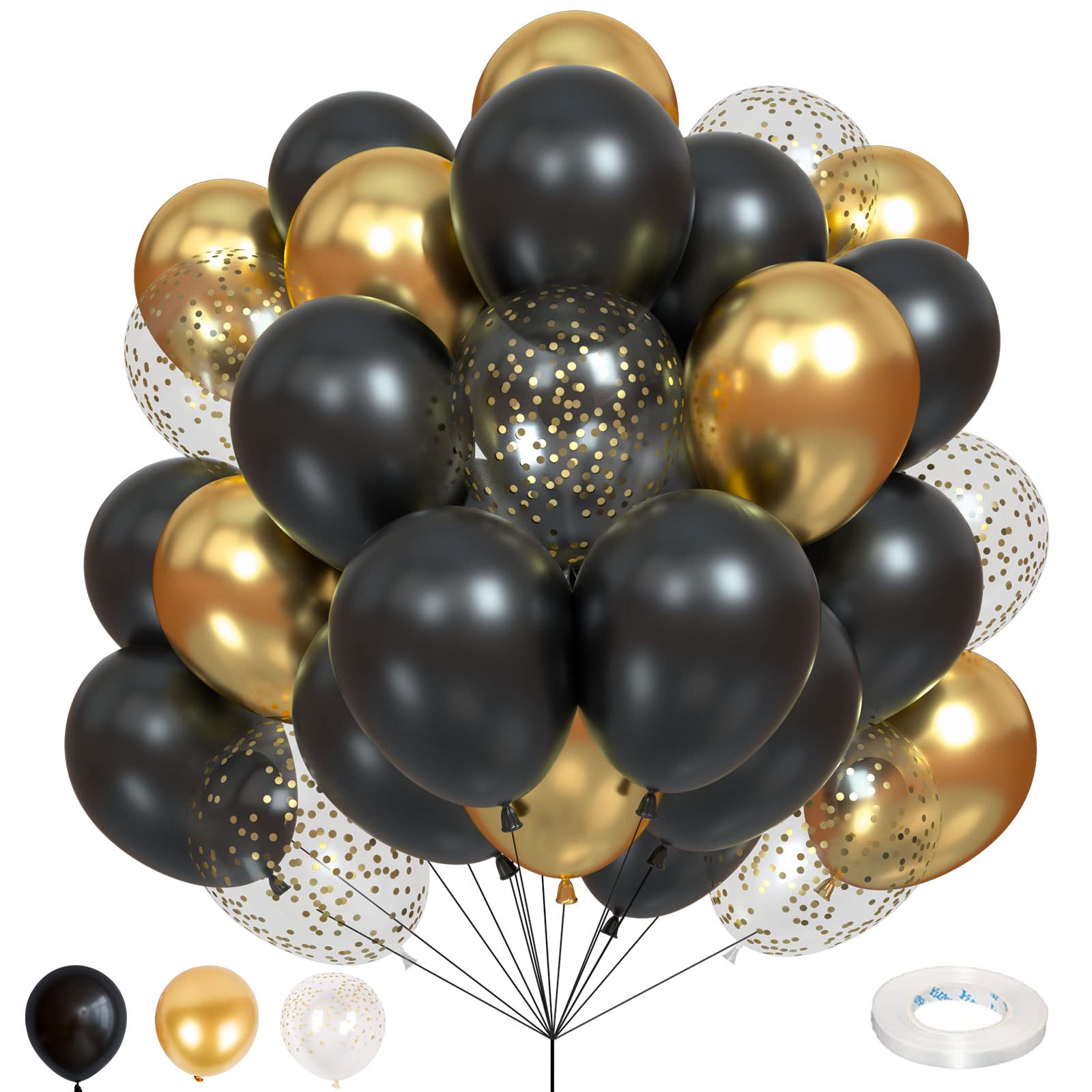60 Pack Black Gold Balloons - Metallic Black & Gold Polka Dot Transparent Latex Balloons with Ribbon for Helium | Perfect for Birthday, Engagement, Wedding, Anniversary Party Decorations | Indoor & Outdoor Celebration Decor