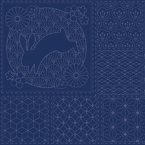 Devonstone Sashiko Printed Panel DV4051 Navy Blue - Japanese Style Fabric for DIY Sewing, Quilting, and Home Decor Projects
