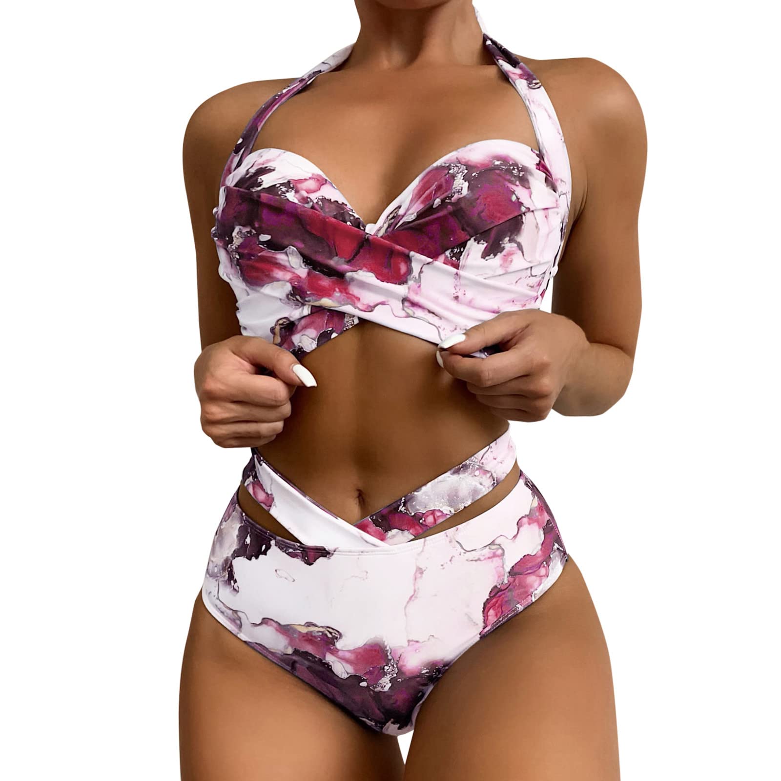 iZZZHH Women's Retro High Waist Bikini Set - Push Up Halter Ruched Swimsuit with Watercolor Print, Wrap Front Crop Top & Shorts | Beachwear, Pool Party, Summer Vacation Outfit