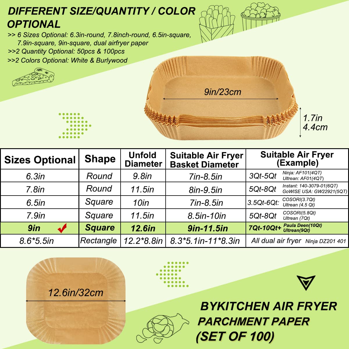 BYKITCHEN 100-Pack 9 Inch Unbleached Air Fryer Liners - Square Nonstick Parchment Paper for COSORI, Ninja, Tower - Perfect for Easy Cleanup & Healthy Cooking