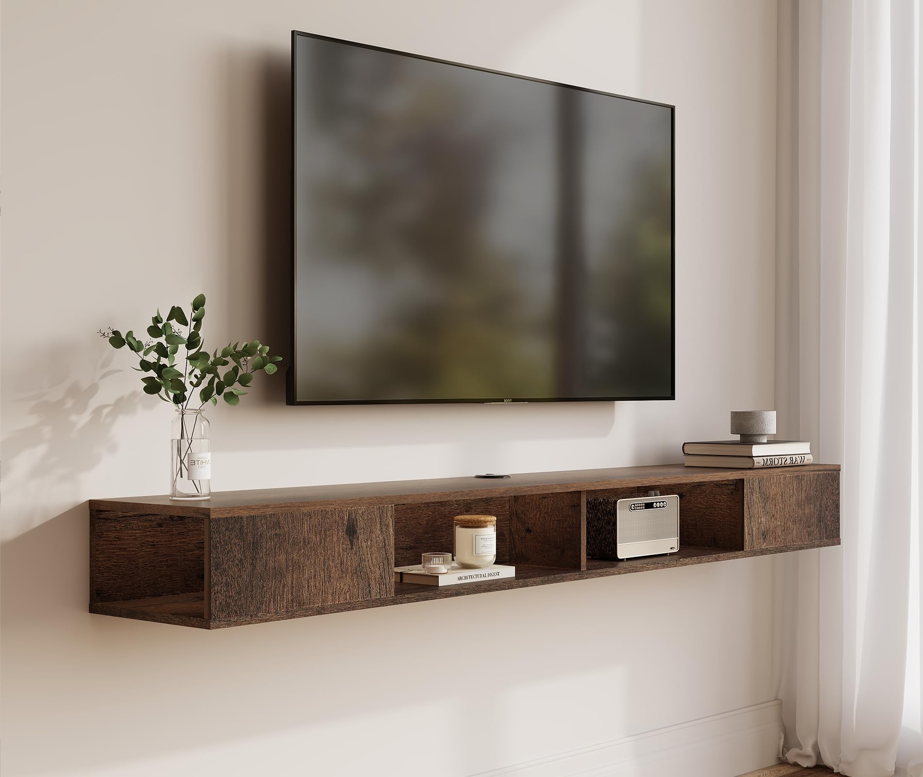 70 Inch Floating TV Stand with Storage - Modern Wall Mounted Entertainment Center for Living Room, Bedroom & Home Theater - Brown Wood Media Console for TV, Gaming & Streaming Devices