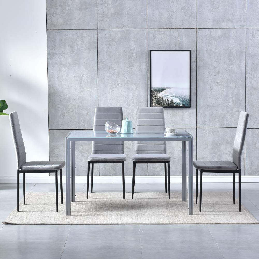 5-Piece Modern Grey Dining Set with Tempered Glass Table & 4 Velvet Chairs - Space Saving Kitchen/Dining Room Furniture for Small Apartments, Breakfast Nooks & Cozy Meals