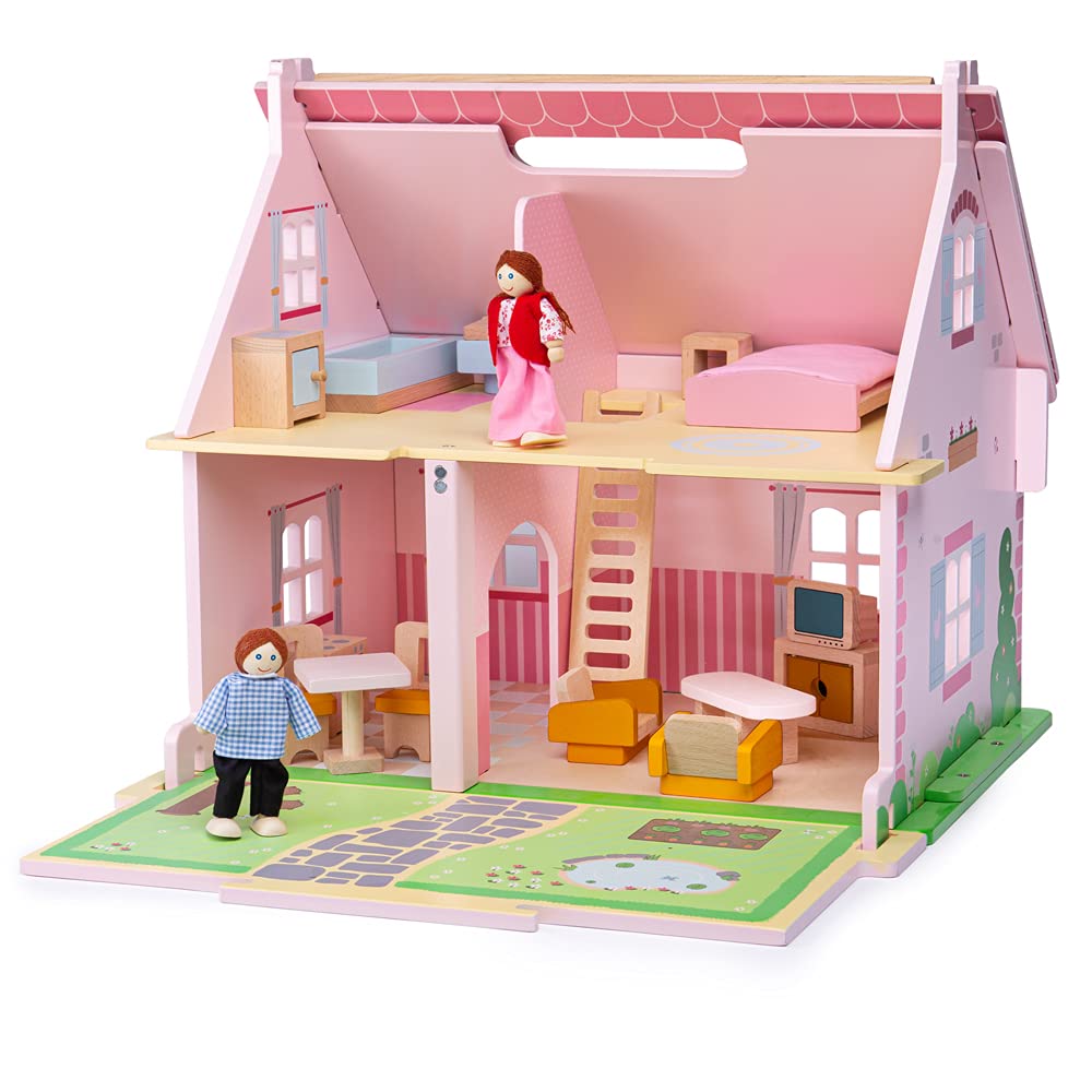 Bigjigs Toys Heritage Playset Blossom Cottage - Wooden Doll House with Furniture for Kids | Pretend Play, Imaginative Play, Gift for Girls & Boys | Perfect for Bedroom, Playroom & Preschool Learning