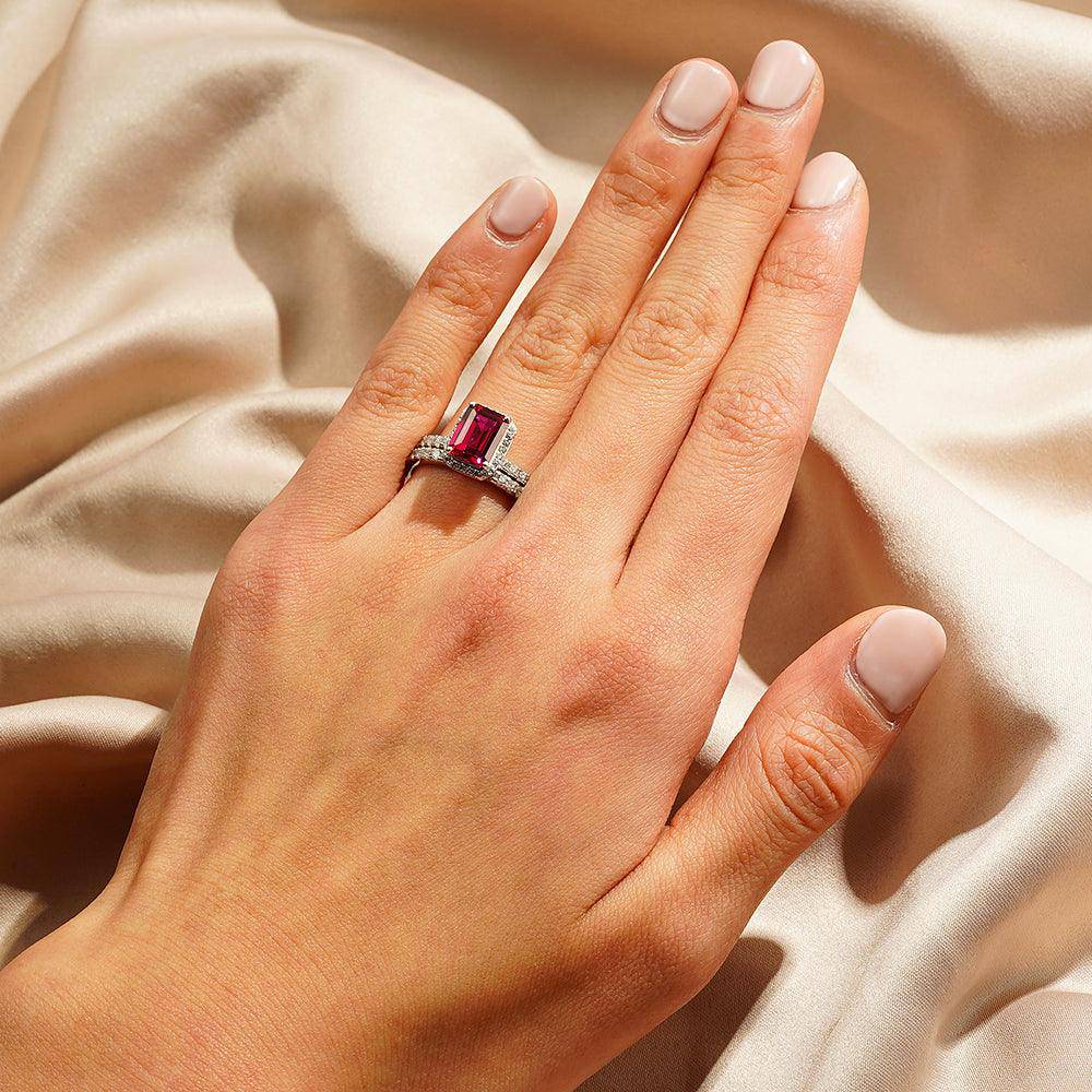 2 CT. Emerald Cut Lab Grown Ruby Engagement Ring & Wedding Band Set for Women - Perfect for Proposals, Anniversaries & Bridal Jewelry Gifts