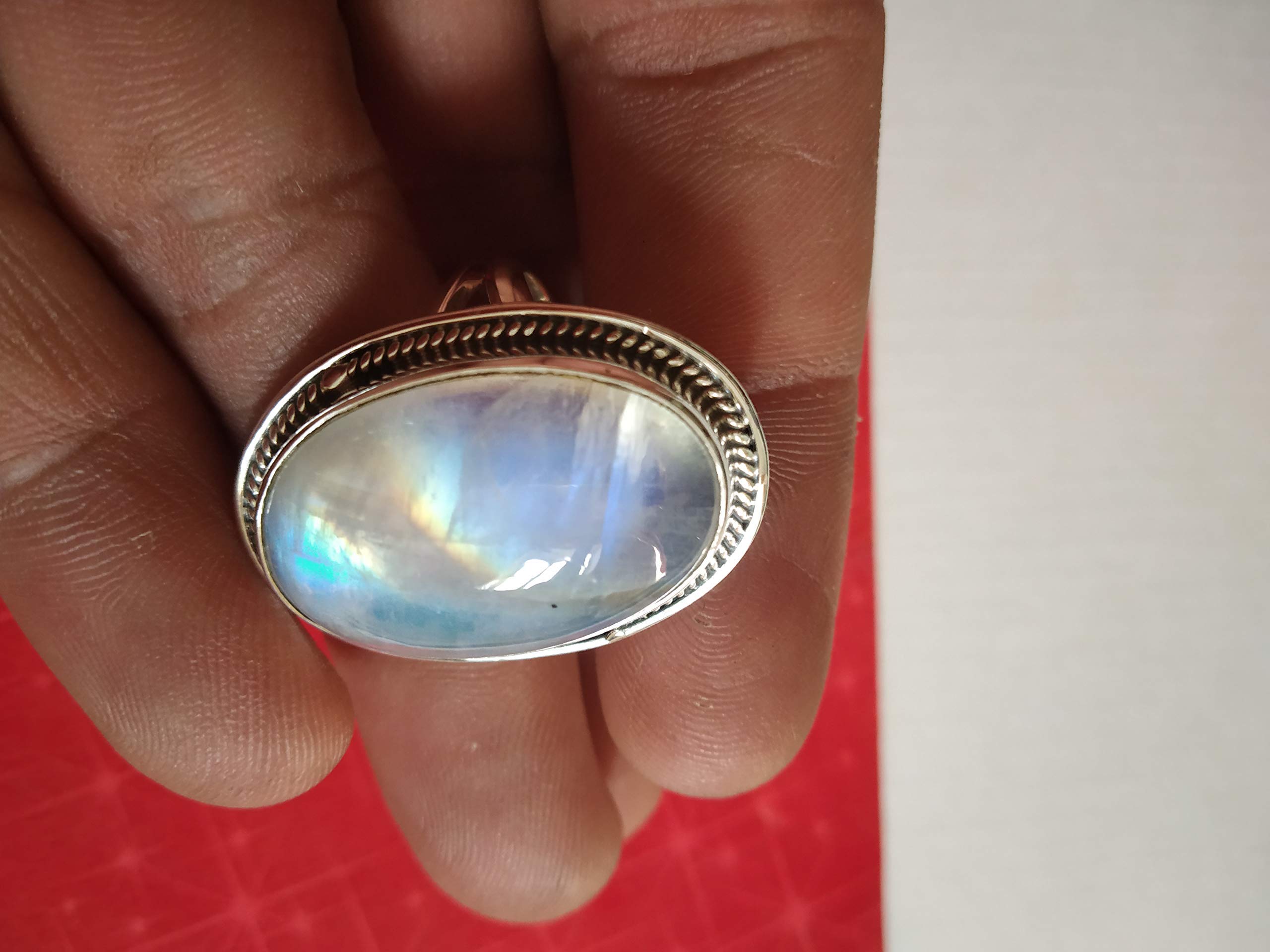 Rainbow Moonstone Ring - 925 Sterling Silver June Birthstone Jewelry, Large Statement Ring for Meditation, Engagement & Anniversary Gifts | Perfect for Spiritual Healing, Wedding Proposals & Special Occasions