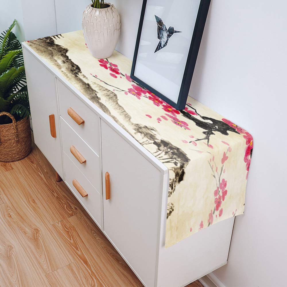 Black and Red Cherry Blossom Cotton Linen Table Runner - 13x120 Inch Rectangular Dining Table Scarf for Farmhouse Kitchen, Wedding, Party & Holiday Decor - Perfect for Dinner Tables, Buffets, and Dresser Decoration