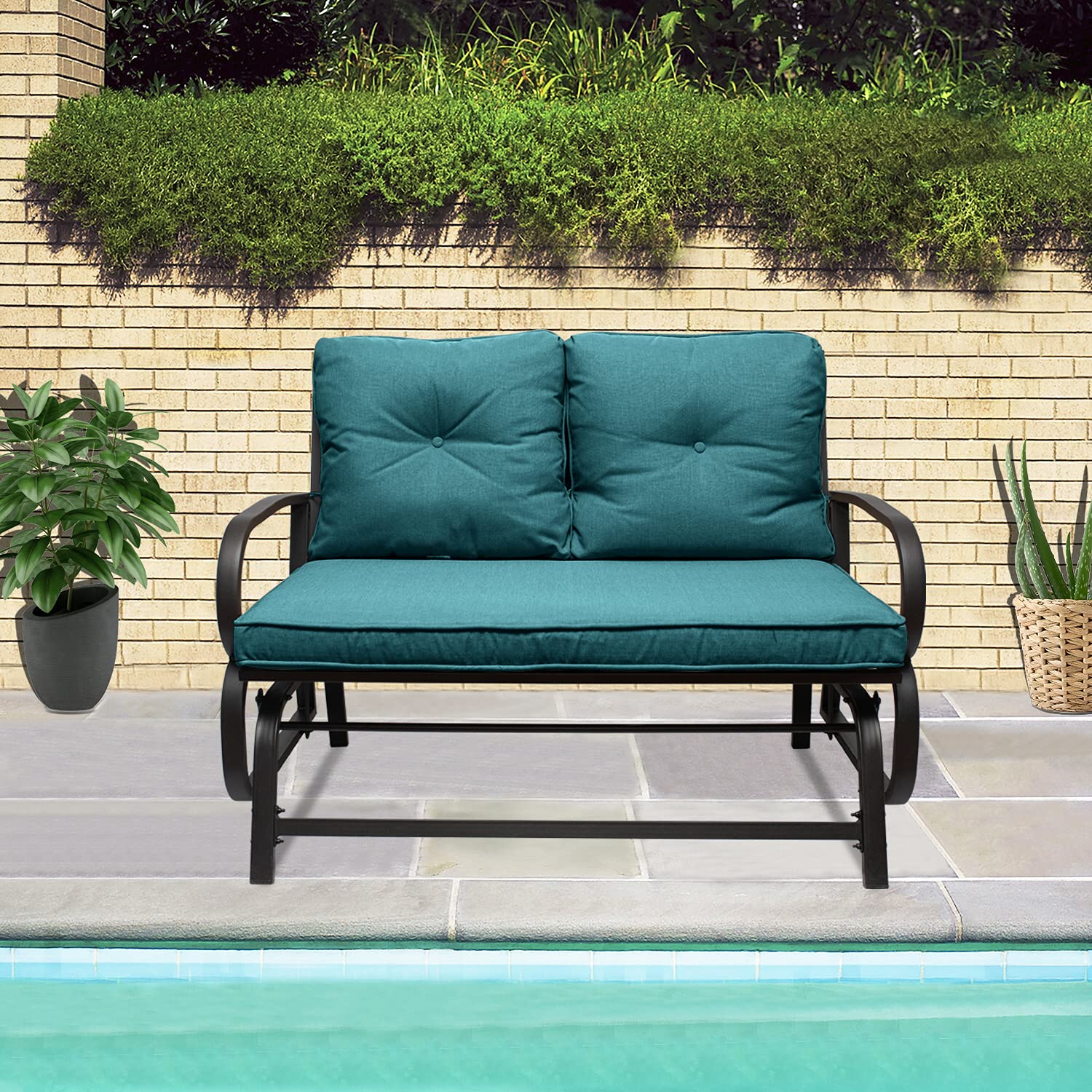 Patio Glider Swing Bench Loveseat - 2-Person Outdoor Metal Rocking Chair with Steel Frame & Thickened Cushions (Peacock Blue) - Perfect for Backyard, Garden, Deck Relaxation