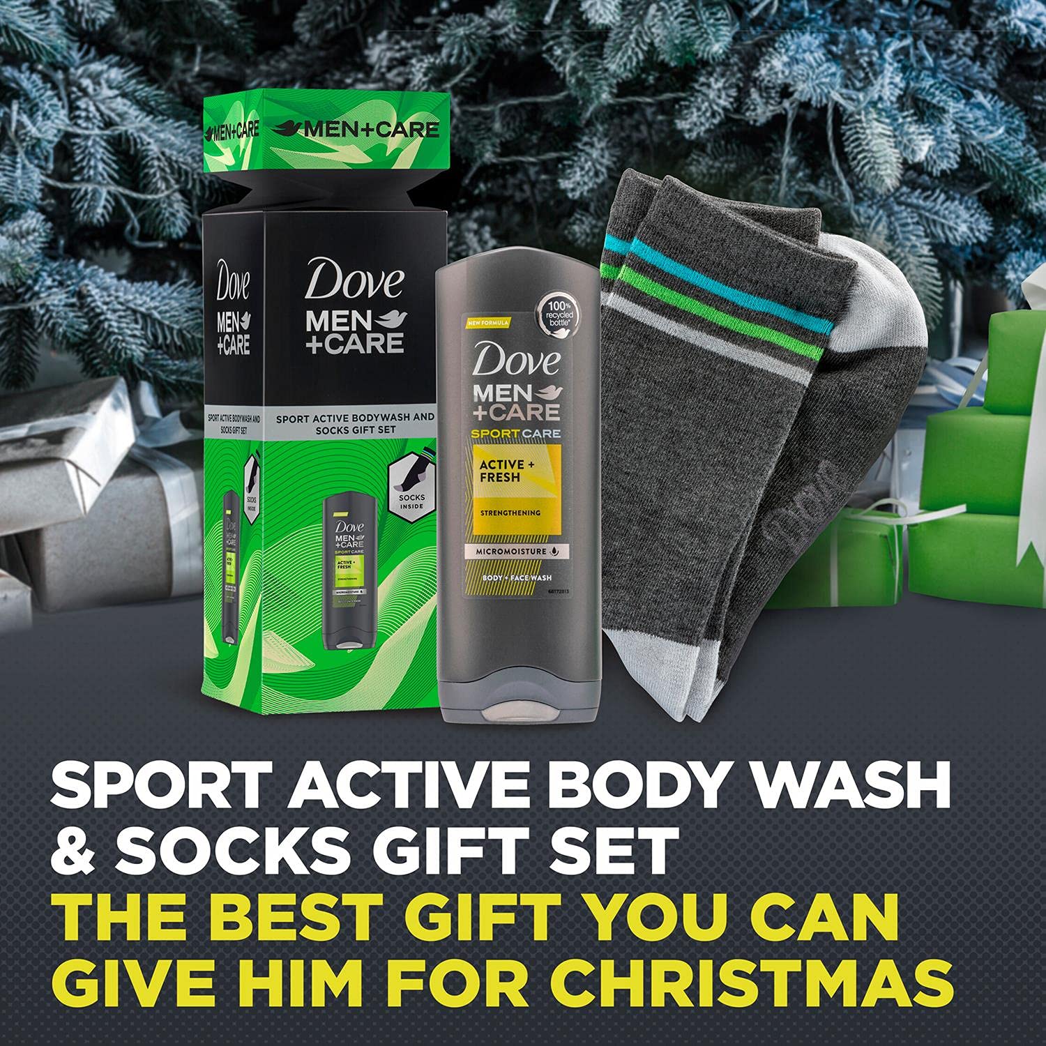 Dove Men+Care Active+Fresh Face & Body Wash 250ml with Socks Gift Set for Men - Perfect for Stocking Stuffers, Secret Santa, or Year-Round Gifting - Ideal for Gym, Travel & Daily Skincare Routine
