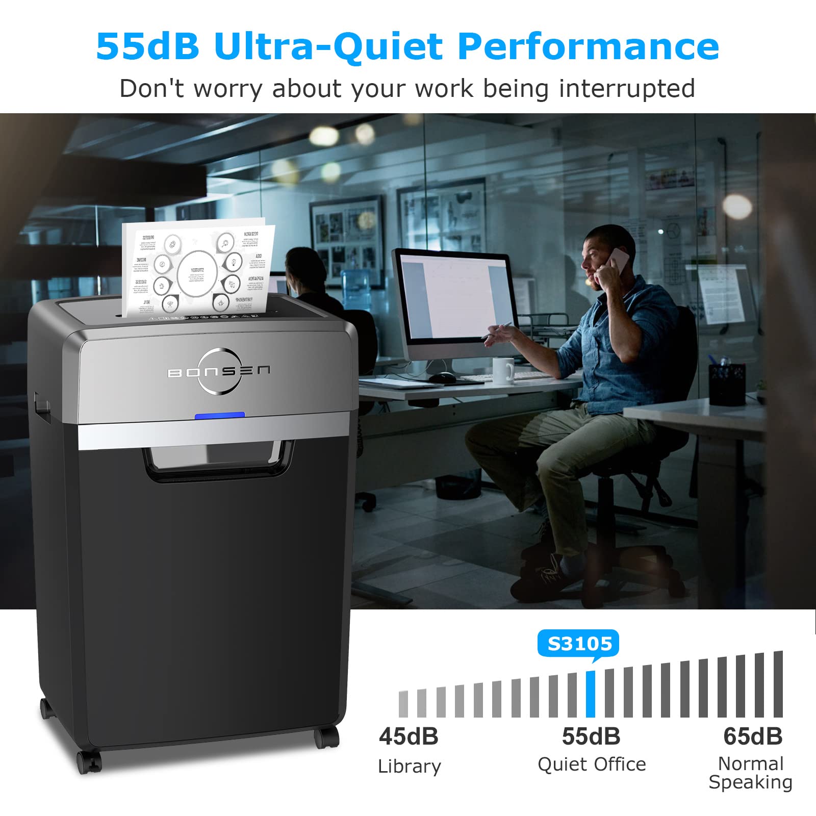 BONSEN Heavy Duty 24-Sheet Cross-Cut Paper Shredder - 40-Min Continuous Run Time, 9-Gallon Basket, 55dB Ultra Quiet - Commercial Grade Office Shredder with P-4 High Security (S3105) - Perfect for Confidential Document Destruction in Home Offices, Businesses & Financial Institutions