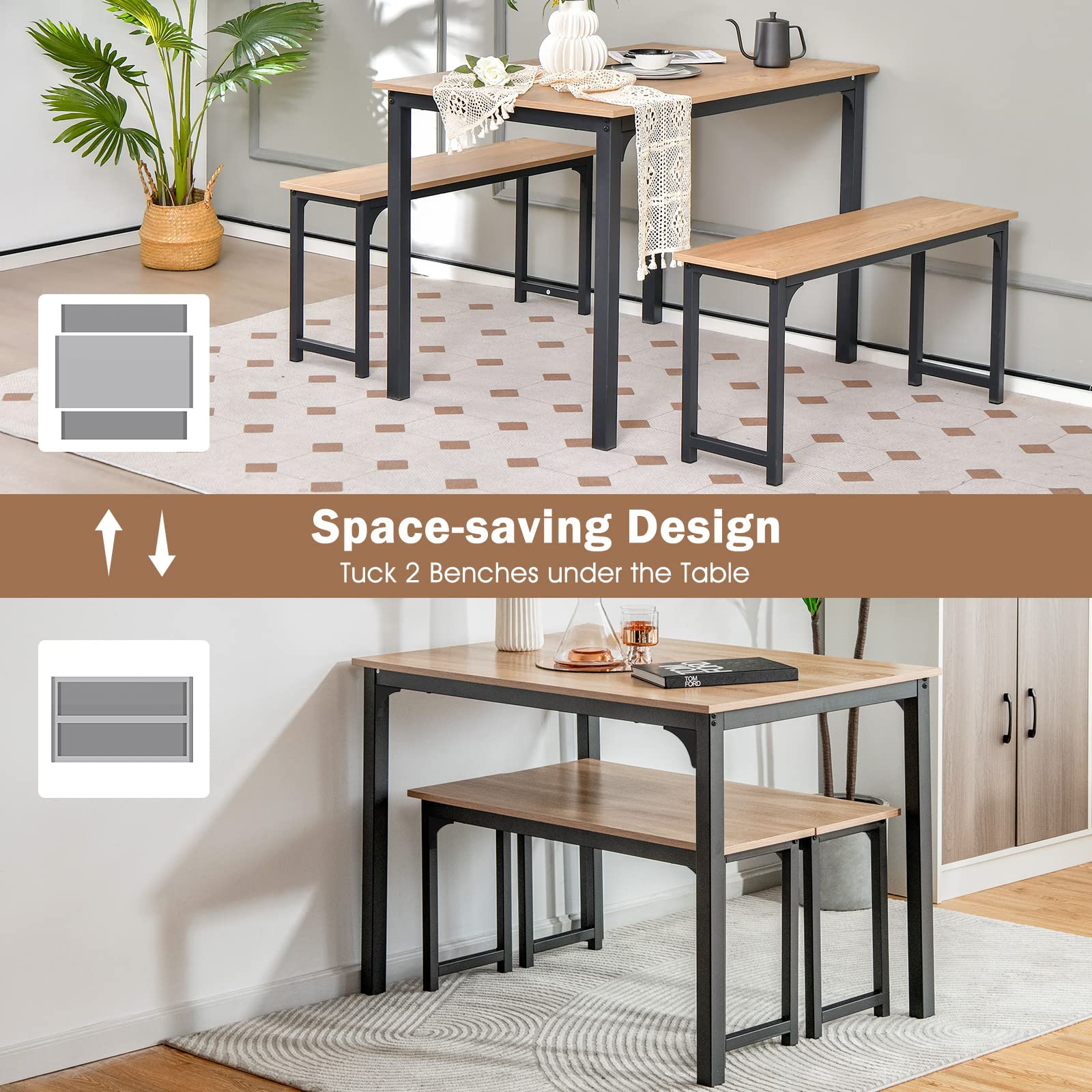 **Giantex 4-Piece Industrial Dining Table Set with 2 Benches - Space-Saving Kitchen & Breakfast Nook Furniture, Easy Assembly, Natural Wood Finish - Perfect for Small Apartments, Kitchens & Dining Rooms**