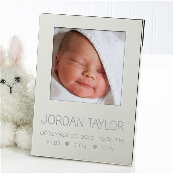 Personalized Baby Birth Information Engraved Silver Picture Frame - Newborn Keepsake Gift for Christening, Baby Shower & Nursery Decor