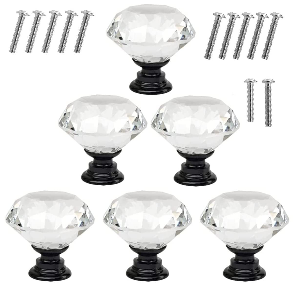 6 Pcs Crystal Glass Cabinet Knobs - Diamond Shape Drawer Pulls for Kitchen Wardrobe (30mm, Clear-Black)
