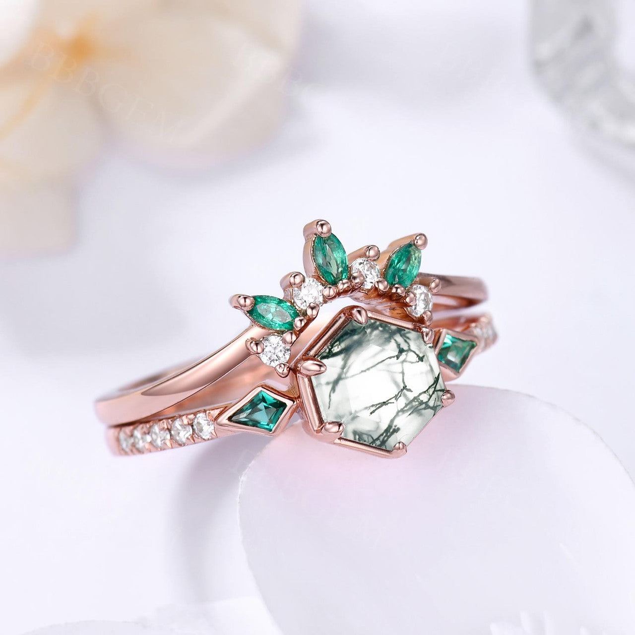 Natural Hexagon Green Moss Agate and Kite Emerald Engagement Ring Set with Diamond Wedding Band - Elegant Bridal Jewelry for Proposals, Weddings & Anniversaries