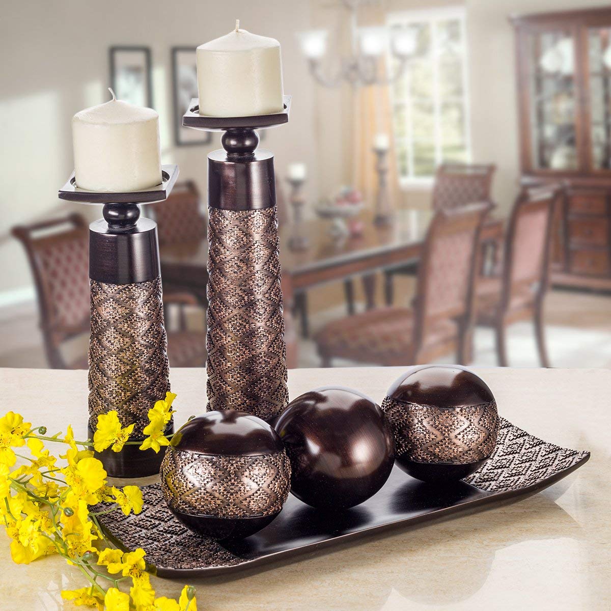 Creative Scents Dublin Brown Pillar Candle Holder Set of 2 - Elegant Home Decor for Coffee Table, Mantel & Dining Room - Perfect Centerpiece Gift Set for Cozy Living Spaces & Romantic Ambiance