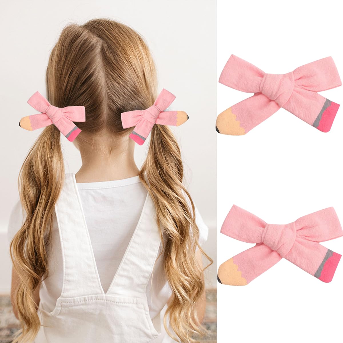 Hand Painted Pink Pencil Hair Bows Clips for Girls - Cute School Hair Accessories for Kindergarten, 1st 2nd 3rd 4th 5th Grade Students - Perfect for First Day of School, Class Photos & Special Occasions