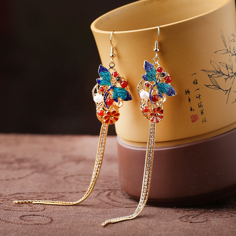 Exquisite Long Drop Cloisonne Alloy Tassel Dangle Earrings for Women - Handmade Vintage Boho Jewelry for Parties, Weddings & Special Occasions