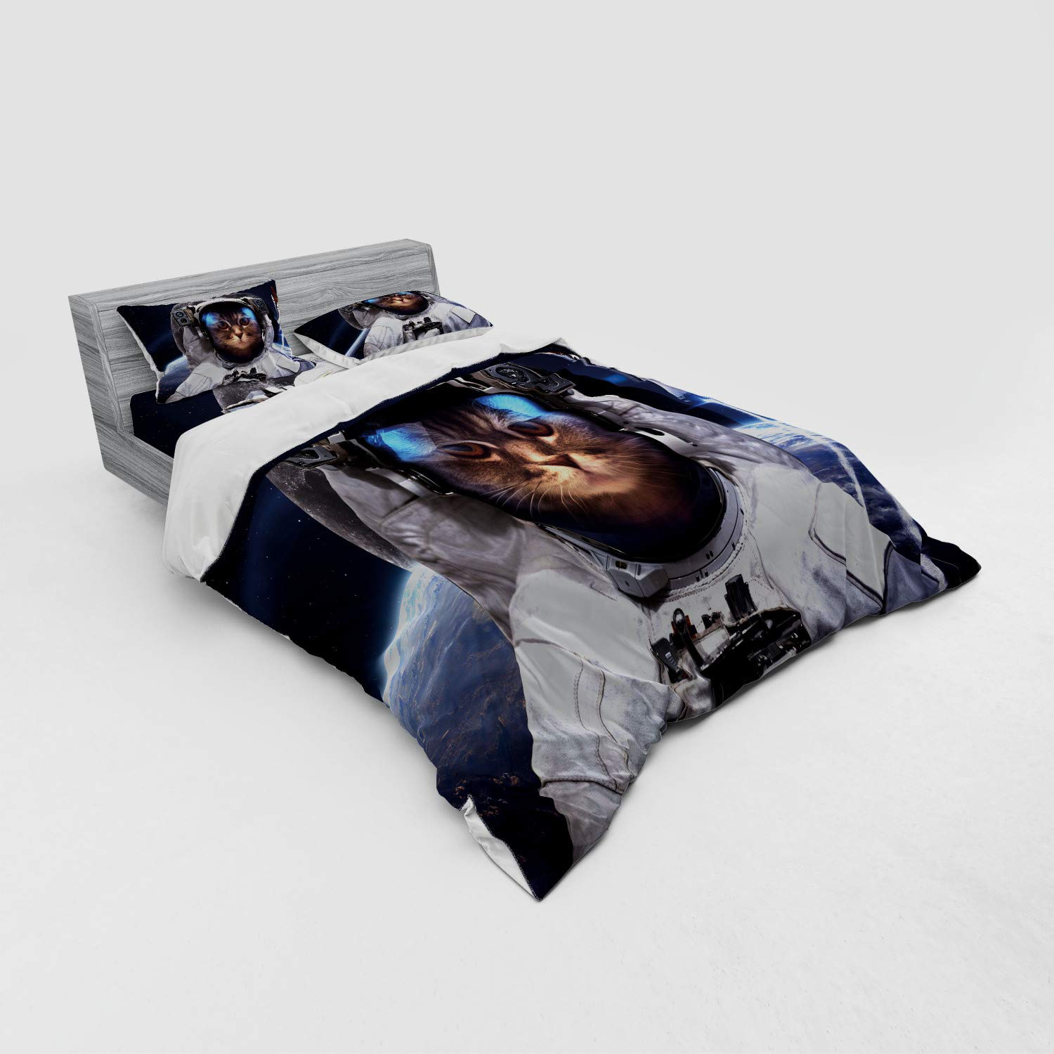Ambesonne Space Cat Duvet Cover Set - 4 Piece Queen Size Bedding with Shams & Fitted Sheet - Astronaut Cat in Outer Space with Rocket Design - Navy Blue White Red - Perfect for Kids Room, Space Themed Bedroom & Sci-Fi Decor